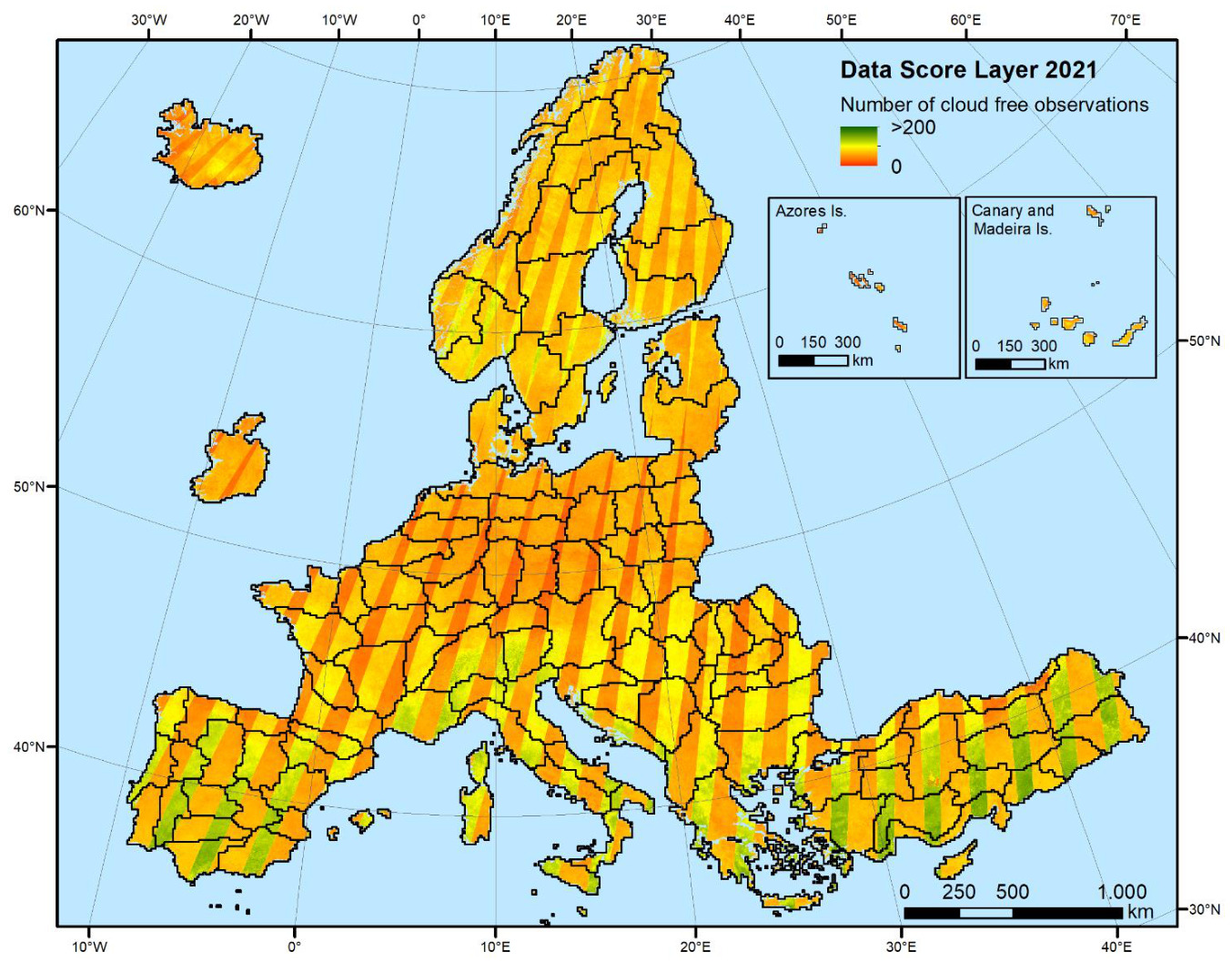 This choropleth map displays the Data Score Layer 2021 for the European Environment Agency's 38 member countries (EEA-38), showing the number of cloud-free observations used for the Copernicus Land Monitoring Service (CLMS) CLC+ Backbone Raster Product. The map uses a colour gradient legend ranging from red (0 cloud-free observations) to green (>200 cloud-free observations), with orange and yellow indicating intermediate values. The main map covers Europe from approximately 10°W to 70°E longitude and 30°N to 60°N latitude, with a primary scale bar showing 0, 250, 500, and 1,000 km. Two inset maps show 'Azores Is.' and 'Canary and Madeira Is.', each with a scale bar showing 0, 150, and 300 km. Country borders are outlined in black. The map's spatial pattern reveals diagonal stripes of varying observation counts across landmasses, characteristic of satellite acquisition swaths. Many areas, particularly central and northern Europe, show predominant orange to green stripes, indicating a high number of cloud-free observations, often exceeding 100 or 200. Conversely, parts of Ireland, Iceland, the United Kingdom, and certain coastal or mountainous regions in Southern Europe (e.g., Iberian Peninsula, Italy, Greece, Turkey) show more red or orange stripes, suggesting fewer cloud-free observations (closer to 0). The data reflects Sentinel time series from October 2020 to March 2022 at 10m x 10m pixel resolution, projected in ETRS89 LAEA.
