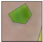 A cropped screenshot depicting an irregular green polygon, outlined in dark grey, against a blurred light brown or beige background. A small section of a yellow polygon is visible in the bottom right corner. This image illustrates a spatially mixed land cover scenario, where the green polygon likely represents a patch of vegetation within a larger land cover unit. The context suggests it is an example used for applying area thresholds in the Copernicus Land Monitoring Service (CLMS) CLC+ Backbone Raster Product decision tree for pixels with mixed land cover at 10 m resolution.