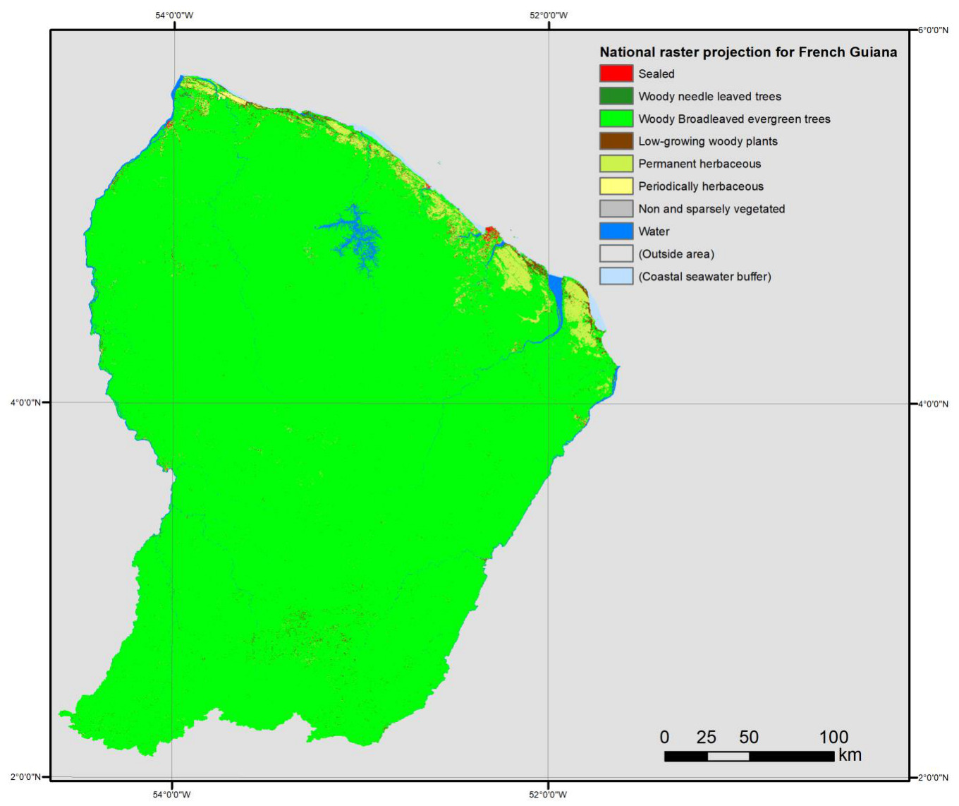This map displays the national raster projection and land cover classification for French Guiana, based on the Copernicus Land Monitoring Service (CLMS) CLC+ Backbone Raster Product 2021. The map uses a colour-coded legend to represent different land cover types: * Red: Sealed * Dark green: Woody needle leaved trees * Bright green: Woody Broadleaved evergreen trees * Brown: Low-growing woody plants * Light yellow: Permanent herbaceous * Yellow: Periodically herbaceous * Grey: Non and sparsely vegetated * Dark blue: Water * Light grey: (Outside area) * Light blue: (Coastal seawater buffer) The map depicts French Guiana, extending approximately from 2°0'N to 6°0'N latitude and 54°0'W to 52°0'W longitude. The dominant land cover type, represented by bright green, is 'Woody Broadleaved evergreen trees,' covering the vast majority of the territory. According to the document context, these green areas represent pixels that were recoded during the post-processing of the raster classification, indicating improved areas. 'Water' (dark blue) is visible in inland river networks and along the coast. 'Permanent herbaceous' (light yellow) and 'Low-growing woody plants' (brown) are observed in limited areas, primarily along the northern coast and river systems. 'Sealed' (red) and 'Non and sparsely vegetated' (grey) areas are minimal and appear as small, scattered patches. A scale bar indicates distances of 0, 25, 50, and 100 km.