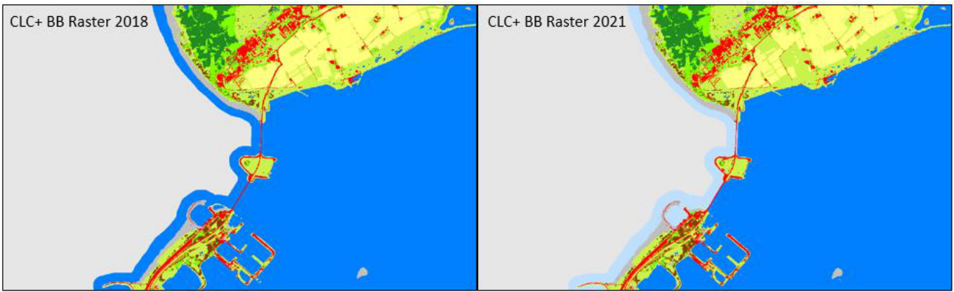 This image displays two Copernicus Land Monitoring Service (CLMS) CORINE Land Cover+ (CLC+) 'Big Bang' Raster maps, illustrating land cover changes in a coastal area between 2018 and 2021. The map on the left is titled 'CLC+ BB Raster 2018', and the map on the right is titled 'CLC+ BB Raster 2021'. The maps use a consistent colour scheme to represent land cover types: * Deep blue: Sea or major water bodies. * Light blue/cyan: Coastal buffer zone, potentially representing intertidal areas or shallow coastal waters. * Light grey: Unclassified land or background areas. * Dark green: Dense vegetation, such as forests. * Light green: Less dense vegetation, likely grasslands or heterogeneous natural areas. * Yellow: Agricultural fields or open cultivated land. * Red: Impervious surfaces, built-up areas, urban fabric, and infrastructure, including roads and port facilities. Comparing the 2018 and 2021 maps, a visible increase in red areas (impervious surfaces/built-up land) is apparent in 2021, particularly concentrated around existing urban clusters, along the road network, and within the port area located in the lower-left section. This indicates urban expansion or development activity. Some yellow (agricultural) and light green (vegetation) areas in the inland and coastal-proximate regions show conversion to red or other land cover types, consistent with the detection of 'class-specific change thresholds' for changes like 'vegetation classes to bare soil or sealed due to construction activity or deforestation'.