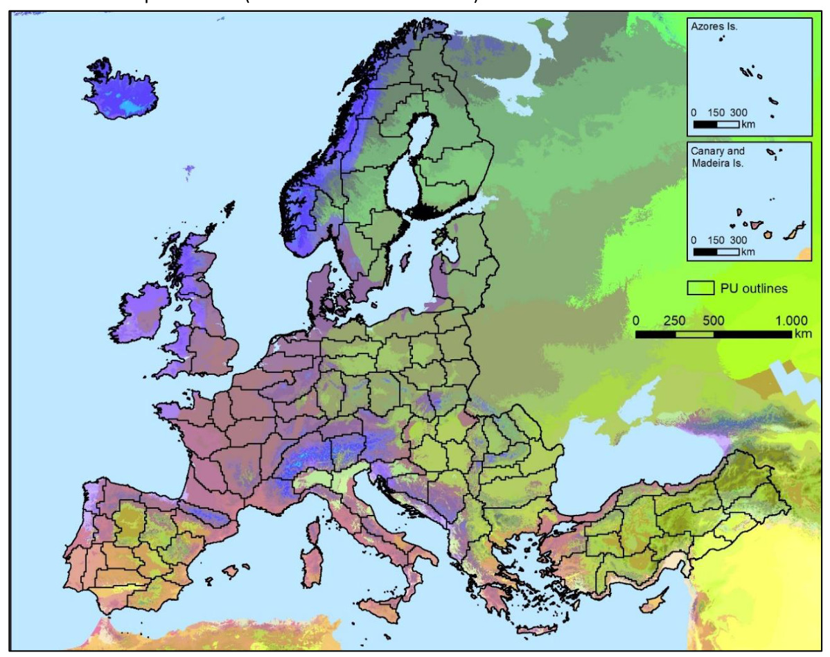A choropleth map illustrating the geographic extent and Production Unit (PU) outlines for the Copernicus Land Monitoring Service (CLMS) CLCplus Backbone production across Europe, parts of North Africa, and Western Asia. The main map displays a continuous colour gradient across landmasses, transitioning from dark blue and purple tones in northern regions (e.g., Iceland, northern Scandinavia) through various shades of purple and green in central Europe, to yellow and orange in southern and eastern areas (e.g., Mediterranean basin, North Africa, Turkey). The specific environmental parameter represented by this colour gradient is not indicated by a legend. The map includes black 'PU outlines' which delineate numerous distinct production areas across the mapped territory. Two inset maps are provided: one for the Azores Islands and another for the Canary and Madeira Islands, both displaying their respective PU outlines. The main map includes a scale bar indicating 0, 250, 500, and 1,000 km. The inset maps each have a scale bar showing 0, 150, and 300 km. The surrounding text indicates this map is part of the 'General workflow of the CLCplus Backbone 2023 production' which primarily uses Sentinel-2 (S-2) time-series data as input.