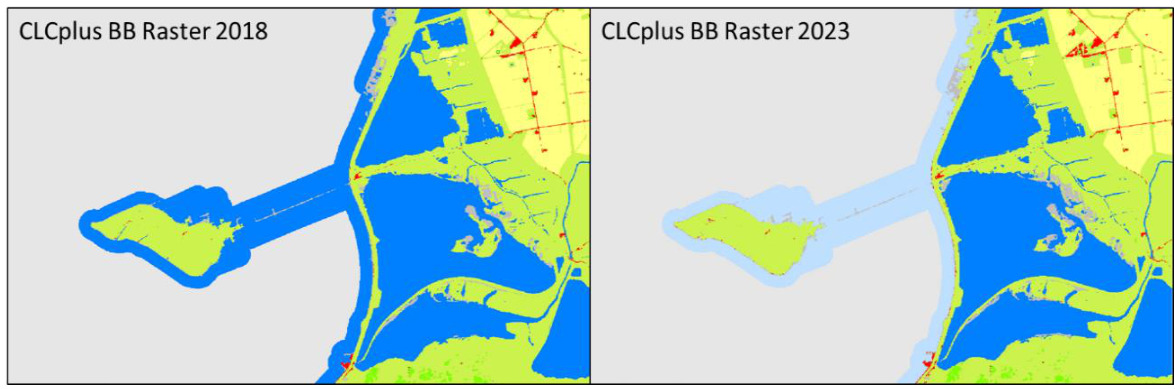 This image displays a side-by-side comparison of Copernicus Land Monitoring Service (CLMS) CLCplus Backbone (BB) raster data for the same geographic area in 2018 and 2023, illustrating land cover/land use (LCLU) classifications. The left panel, labelled 'CLCplus BB Raster 2018', shows a landscape with several distinct land cover types: * Large areas of deep blue, representing significant water bodies (e.g., sea, large lakes). * Vast areas of light green, typically denoting vegetated land, likely agricultural or natural vegetation. * Smaller patches of yellow, often associated with agricultural fields or sparsely vegetated land. * Fine red lines and small red areas, indicating artificial surfaces like roads or urban infrastructure. * Grey patches, which can represent wetlands, bare land, or other artificial areas. A prominent, long, narrow land feature (causeway/dam) extends across a large water body. The right panel, labelled 'CLCplus BB Raster 2023', shows the same geographic area but with notable differences: * The large water bodies are now outlined or partially replaced by a lighter blue shade, particularly around the coastal areas, the long causeway, and the internal water bodies. This light blue area, not present in the 2018 map, represents a change in the classification of water bodies or their immediate surroundings, possibly indicating a redefinition of coastal waters, a transition zone, or a different certainty of water extent in the 2023 product. * The light green, yellow, red, and grey land cover features show subtle changes in their extent and distribution compared to 2018, reflecting land use and land cover dynamics over the five-year period. No legend, scale bar, or compass is visible. The image highlights changes in CLCplus Backbone classification between production cycles, particularly regarding water body delineation.