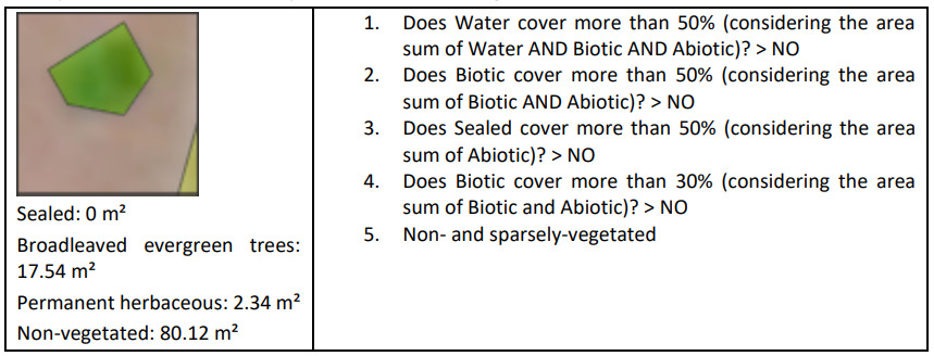This diagram illustrates a sequential decision tree for classifying land cover based on area thresholds of different components (Water, Biotic, Abiotic, Sealed). An accompanying example shows an area composed of Sealed: 0 m², Broadleaved evergreen trees: 17.54 m², Permanent herbaceous: 2.34 m², and Non-vegetated: 80.12 m². The classification process follows these steps: 1. **Water Coverage Check:** If the area covered by Water is more than 50% of the sum of Water, Biotic, and Abiotic areas, then the classification is implied to be Water. If NO, proceed to Step 2. 2. **Biotic Coverage Check (50%):** If the area covered by Biotic components is more than 50% of the sum of Biotic and Abiotic areas, then the classification is implied to be Biotic. If NO, proceed to Step 3. 3. **Sealed Coverage Check:** If the area covered by Sealed surfaces is more than 50% of the sum of Abiotic areas, then the classification is implied to be Sealed. If NO, proceed to Step 4. 4. **Biotic Coverage Check (30%):** If the area covered by Biotic components is more than 30% of the sum of Biotic and Abiotic areas, then the classification is implied to be Biotic. If NO, proceed to Step 5. 5. **Default Classification:** If all previous conditions are NO, the area is classified as 'Non- and sparsely-vegetated'. For the example area provided (0 m² Sealed, 19.88 m² Biotic, 80.12 m² Non-vegetated/Abiotic, 0 m² Water), the process would yield 'Non- and sparsely-vegetated' as the classification.