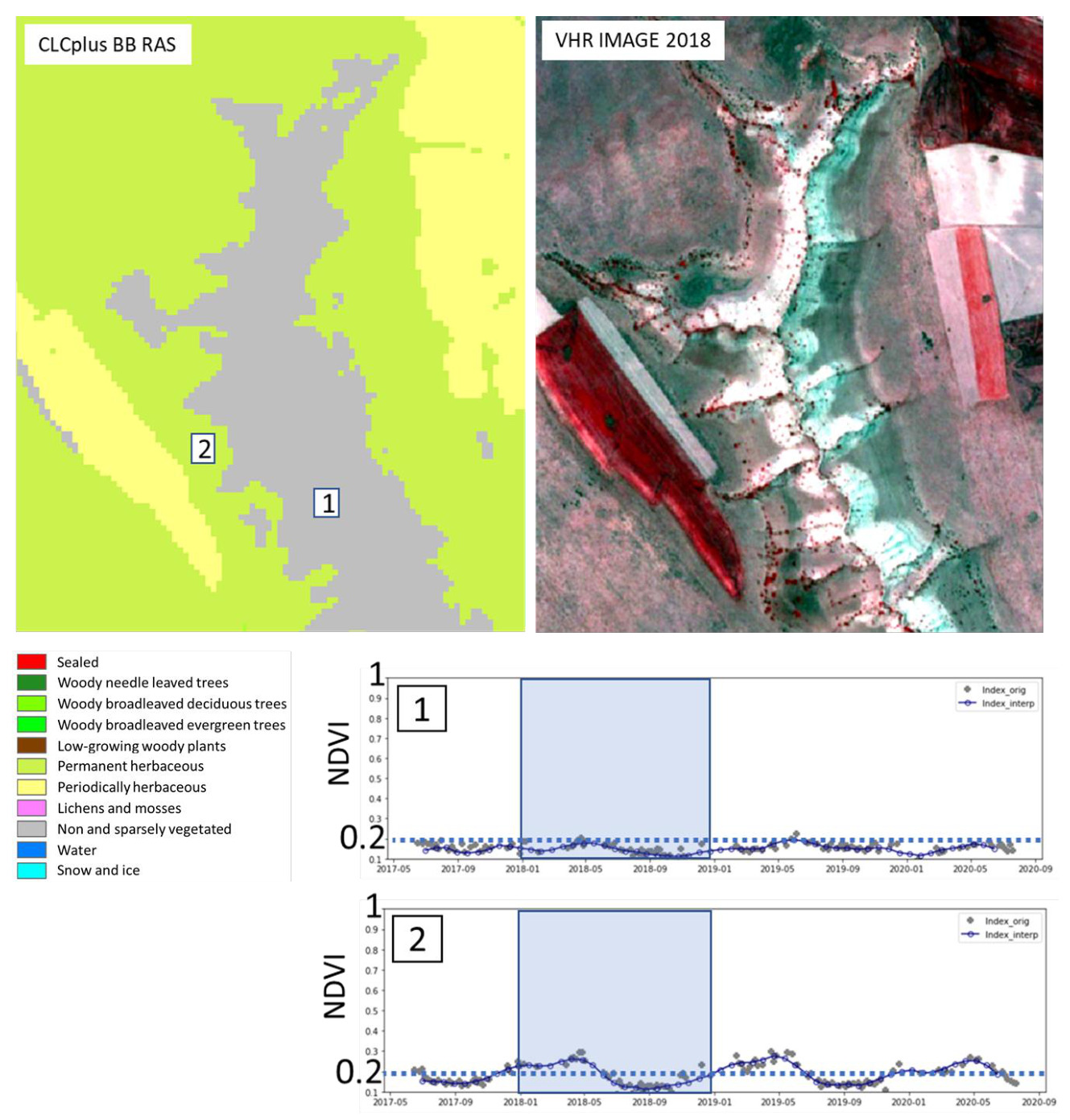 This image illustrates the Copernicus Land Monitoring Service (CLMS) CLCplus Backbone (BB) Raster (RAS) land cover classification, alongside a Very High Resolution (VHR) image from 2018 and two Normalised Difference Vegetation Index (NDVI) time series charts for specific points. The upper-left panel displays a CLCplus BB RAS land cover map. The legend defines 11 land cover classes by colour: - Red: Sealed - Dark green: Woody needle leaved trees - Light green: Woody broadleaved deciduous trees - Bright green: Woody broadleaved evergreen trees - Dark brown: Low-growing woody plants - Greenish-yellow: Permanent herbaceous - Light yellow: Periodically herbaceous - Pink: Lichens and mosses - Grey: Non and sparsely vegetated - Blue: Water - Cyan: Snow and ice The map highlights two numbered points, '1' and '2', both located within areas classified as 'Non and sparsely vegetated' (grey) or 'Permanent herbaceous' (greenish-yellow). The upper-right panel shows a VHR IMAGE from 2018, providing an aerial view of the same area. This image displays agricultural fields, including distinctive reddish-brown tilled areas, and naturalized vegetation along a gully, visually confirming an olive grove context in Southern Spain. The lower section presents two line charts, both showing NDVI values over time from May 2017 to September 2020. The Y-axis represents NDVI, ranging from 0.1 to 1.0. The X-axis represents time, by month and year (YYYY-MM). Each chart plots 'Index_orig' (original NDVI values as grey dots) and 'Index_interp' (interpolated NDVI values as a blue line). A horizontal dashed blue line at NDVI 0.2 serves as a threshold. A light blue shaded box highlights the period from 2018-01 to 2019-01 on both charts. - Chart 1, corresponding to map point '1', shows NDVI values primarily fluctuating around or below the 0.2 threshold, particularly within the highlighted 2018-01 to 2019-01 period. - Chart 2, corresponding to map point '2', shows slightly higher NDVI values than point '1', with several instances exceeding the 0.2 threshold, especially during seasonal peaks within the highlighted 2018-01 to 2019-01 period. These charts help evaluate biotic coverage thresholds for land cover classification, particularly distinguishing between 'Non and sparsely vegetated' and 'Periodically herbaceous' in olive groves where understorey growth is often suppressed.