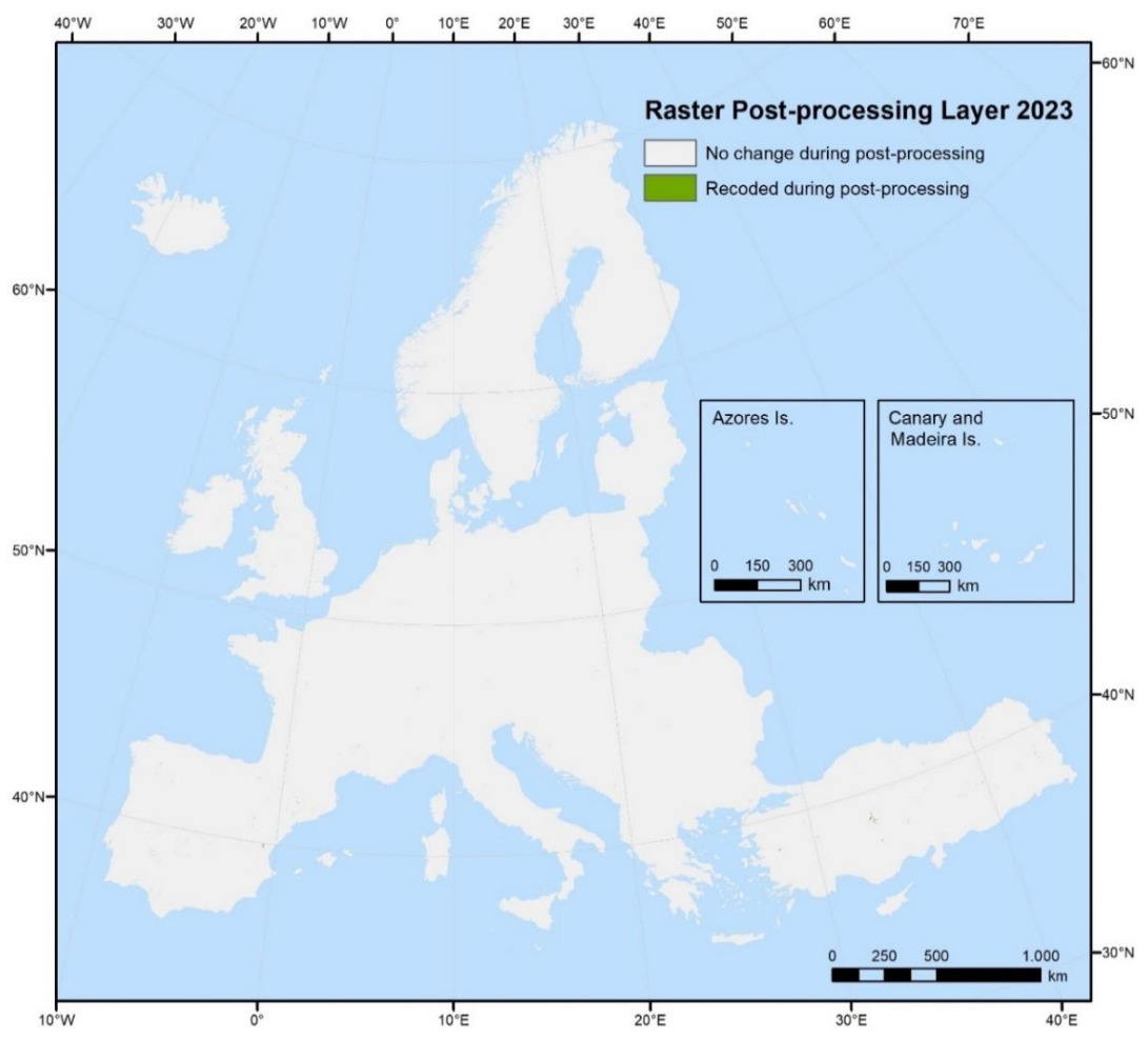 Choropleth map displaying the extent of post-processing changes for the Copernicus Land Monitoring Service (CLMS) CLCplus Backbone Raster Confidence Layer (RASCL) for the reference year 2023. The map covers Europe, including the Azores Islands and the Canary and Madeira Islands (shown in inset maps), within a geographic grid from 40°W to 70°E longitude and 30°N to 60°N latitude. The legend indicates two categories: * **White**: 'No change during post-processing' * **Green**: 'Recoded during post-processing' The majority of the mapped area, covering continental Europe, the United Kingdom, Iceland, Ireland, and the included Atlantic islands (Azores, Canary, Madeira), is coloured white, signifying no changes during the post-processing phase. A small, distinct area in northern Fennoscandia (likely northern Norway and Finland) is coloured green, indicating that this region was 'Recoded during post-processing'. The main map includes a scale bar showing distances of 0, 250, 500, and 1,000 km. The inset maps for Azores Is. and Canary and Madeira Is. each feature a scale bar showing distances of 0, 150, and 300 km.