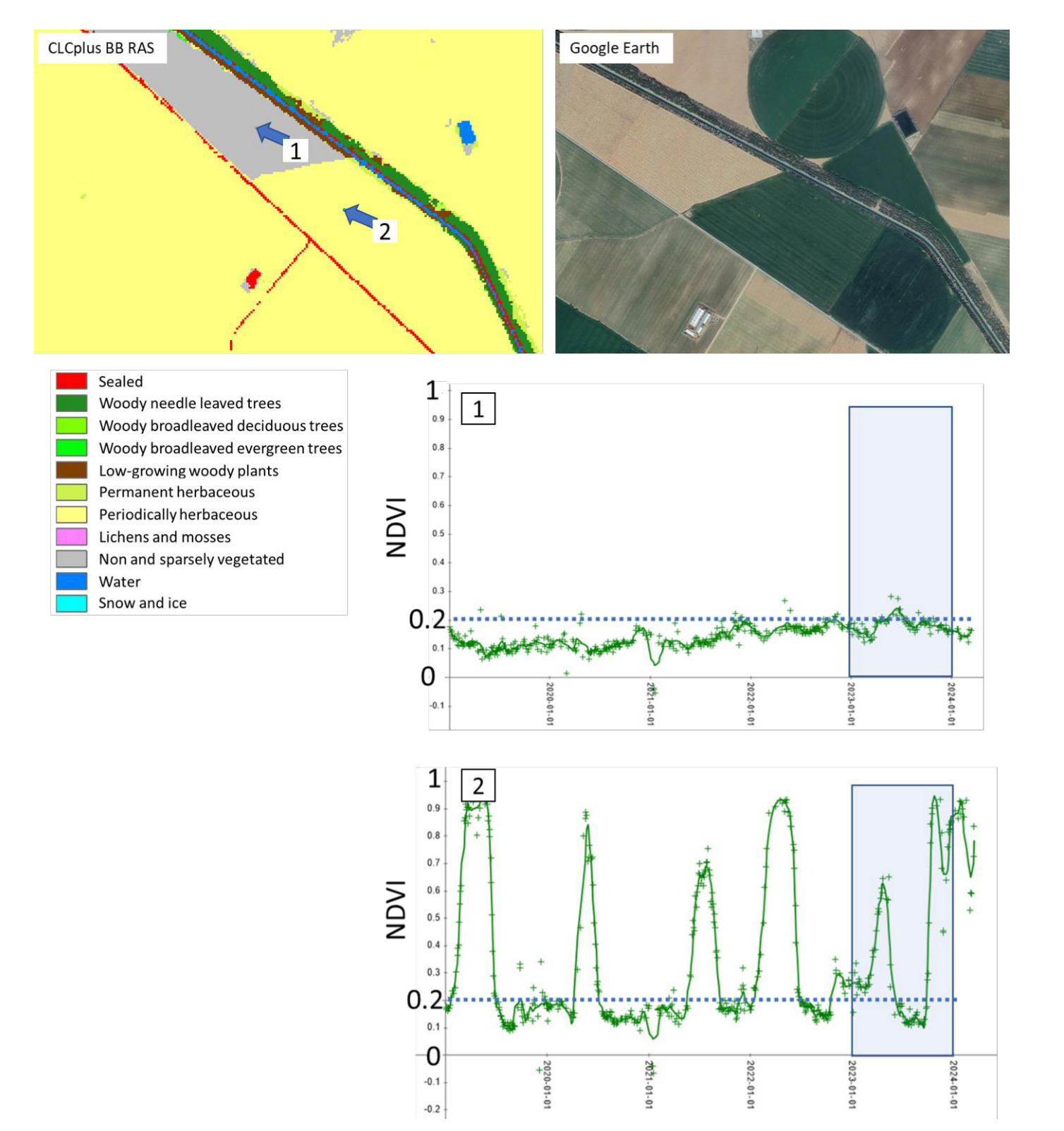 This visual illustrates the application of the Copernicus Land Monitoring Service (CLMS) CLCplus Backbone decision tree approach for evaluating land cover characteristics at olive groves in Castile-La Mancha, Southern Spain, using Normalised Difference Vegetation Index (NDVI) time series. The upper-left panel displays a CLCplus Backbone Raster (RAS) classification for a 100x100m plot. The legend defines 11 land cover classes with corresponding colours: Sealed (Red), Woody needle leaved trees (Dark Green), Woody broadleaved deciduous trees (Medium Green), Woody broadleaved evergreen trees (Light Green), Low-growing woody plants (Olive Green), Permanent herbaceous (Pale Yellow), Periodically herbaceous (Pale Pink), Lichens and mosses (Light Grey), Non and sparsely vegetated (Yellow), Water (Blue), and Snow and ice (Cyan). The plot shows a linear feature (classified as Sealed and Non and sparsely vegetated) surrounded by a predominantly Non and sparsely vegetated area. A distinct band of Woody broadleaved evergreen trees and Woody broadleaved deciduous trees lines a Water body. Two numbered arrows indicate specific sampling locations. Arrow 1 points to an area primarily classified as Non and sparsely vegetated (yellow). Arrow 2 points to an area classified as Permanent herbaceous (pale yellow). The upper-right panel shows the corresponding Google Earth aerial imagery of the same area, depicting agricultural fields with circular irrigation patterns, a road, and tree-lined features. The lower section presents two line charts displaying NDVI values over time from 2020-01-01 to 2024-01-01, each corresponding to a numbered sampling location. The Y-axis represents NDVI, ranging from -0.1 to 1.0. A horizontal dotted blue line at NDVI = 0.2 indicates a threshold. The period from 2023-01-01 to 2024-01-01 is highlighted with a light blue shaded rectangle on both charts. The first chart, labelled '1,' corresponds to the Non and sparsely vegetated area. Its NDVI values generally fluctuate between 0.0 and 0.2, consistently staying at or below the 0.2 threshold, with only slight occasional peaks exceeding it, particularly within the 2023–2024 highlighted period. The second chart, labelled '2,' corresponds to the Permanent herbaceous area. It shows strong annual seasonality with distinct peaks in NDVI (reaching up to 0.9) during warmer months and troughs near 0.0 during winter. The NDVI values frequently and significantly exceed the 0.2 threshold for extended periods each year.