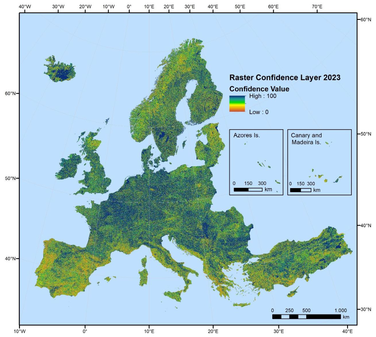 Choropleth map displaying the Raster Confidence Layer (Data Score Layer) for the CLCplus Backbone product, covering EEA38 Member States plus the United Kingdom, in 2023. The map includes insets for the Azores Islands and the Canary and Madeira Islands. The confidence values range from 0 (Low, represented by yellow) to 100 (High, represented by blue-green). The geographic area spans from approximately 10°W to 70°E longitude and 30°N to 60°N latitude. Areas of high confidence (blue-green) are predominantly found in Central, Western, and Northern Europe, including the UK, Ireland, France, Germany, Poland, the Baltic states, and much of Fennoscandia. Areas of lower confidence (yellow/orange) are visible in Southern Europe, specifically across the Iberian Peninsula (Spain, Portugal), parts of Italy, Greece, and Turkey. Iceland and some coastal areas of Norway also show lower confidence values. The main map includes a scale bar indicating 0 to 1,000 km. The insets for the Azores Islands and Canary and Madeira Islands each include a scale bar indicating 0 to 300 km. The map's geometric resolution is 10m x 10m pixel-based.