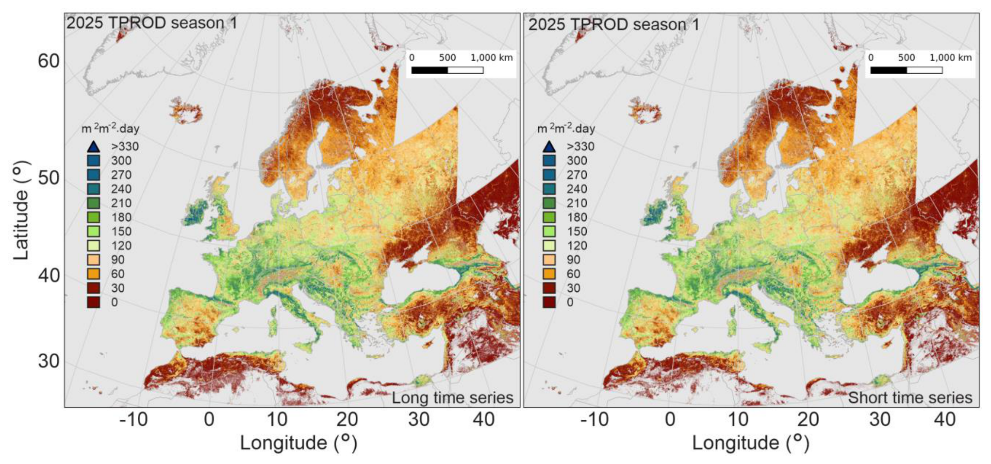 Two choropleth maps display the spatial distribution of 2025 Total Productivity (TPROD) for season 1 across Europe, ranging from approximately -10° to 45° Longitude and 30° to 65° Latitude. The map on the left represents TPROD calculated using a 'Long time series' of MODIS PPI data (24 February 2000 to 19 April 2026), while the map on the right uses a 'Short time series' (1 January 2024 to 19 April 2026). Both maps share an identical colour legend, representing TPROD values in m²m⁻².day: dark red (0), darker orange (30), orange (60), light orange (90), light yellow (120), light green (150), green (180), darker green (210), teal (240), darker teal (270), dark blue (300), and dark blue triangle (>330). Higher TPROD values (green to dark blue, 150–330 m²m⁻².day) are concentrated in central and northern Europe, including areas of France, Germany, Poland, and Fennoscandia. Lower TPROD values (red to orange, 0–90 m²m⁻².day) are observed in southern Europe (e.g., Spain, Portugal, Italy, Greece), North Africa, parts of Eastern Europe, and the northernmost regions of Scandinavia and Iceland. The visual comparison of the two maps shows strong agreement and high consistency in the large-scale spatial distributions of TPROD between the long and short time series processing approaches, with only minor localized differences. Each map includes a scale bar indicating 0, 500, and 1,000 km. The Y-axis is labelled Latitude (°) and the X-axis is labelled Longitude (°).