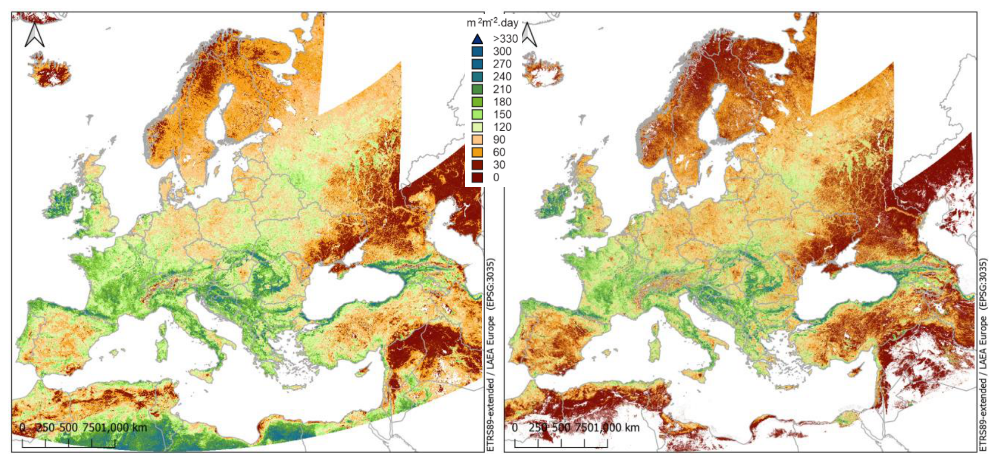 Two choropleth maps of Europe, including parts of North Africa and Western Asia, are presented side-by-side, depicting the spatial distribution of a vegetation-related metric with the unit `m²m².day`. Both maps share the same colour legend and scale, indicating the value of the metric: * Dark Red: 0 * Brownish-Red: 30 * Orange-Brown: 60 * Light Orange: 90 * Pale Yellow: 120 * Pale Green: 150 * Light Green: 180 * Medium Green: 210 * Darker Green: 240 * Teal: 270 * Dark Teal: 300 * Dark Blue: >330 Higher values (green and blue) represent higher levels of the metric, while lower values (red and orange) represent lower levels. Both maps use the coordinate reference system (CRS) ETRS89-extended / LAEA Europe (EPSG:3035). A scale bar at the bottom of each map indicates distances from 0 to 1,000 km, with increments at 250, 500, and 750 km. A north arrow is present in the top-left corner of each map. The **left map** shows widespread moderate to high values (green shades) across Central Europe, the British Isles, and parts of Scandinavia, indicating robust vegetation activity. The **right map**, in comparison, shows a noticeable decrease in the metric across large parts of continental Europe, including Central and Eastern Europe, the Iberian Peninsula, and the British Isles, with these areas predominantly coloured in orange and reddish tones (lower values). High values (green and blue) persist in mountainous regions like the Alps and in northern Scandinavia in both maps. The difference between the two maps suggests a temporal variation, possibly representing different seasons, phenological stages, or years, impacting vegetation vigour across the continent.