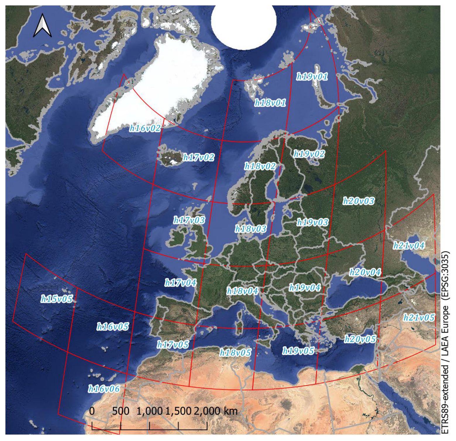 The map displays a geographic tiling scheme overlaid on a satellite imagery base map of Europe and its adjacent regions, including the North Atlantic, Arctic, North Africa, and the Middle East. Land areas are shown with natural colours (green for vegetation, white for ice, brown for desert), and water bodies are dark blue. A grid of red lines defines individual tiles, each uniquely labelled with light blue alphanumeric codes such as `h15v05`, `h16v02`, `h17v03`, `h18v04`, `h19v04`, `h20v05`, and `h21v04`. A grey outline highlights the extent of land masses within the mapped area. The map includes a north arrow in the top-left corner and a scale bar indicating distances from 0 to 2,000 km in increments of 500 km. The Coordinate Reference System (CRS) is specified as `ETRS89-extended / LAEA Europe (EPSG:3035)`.