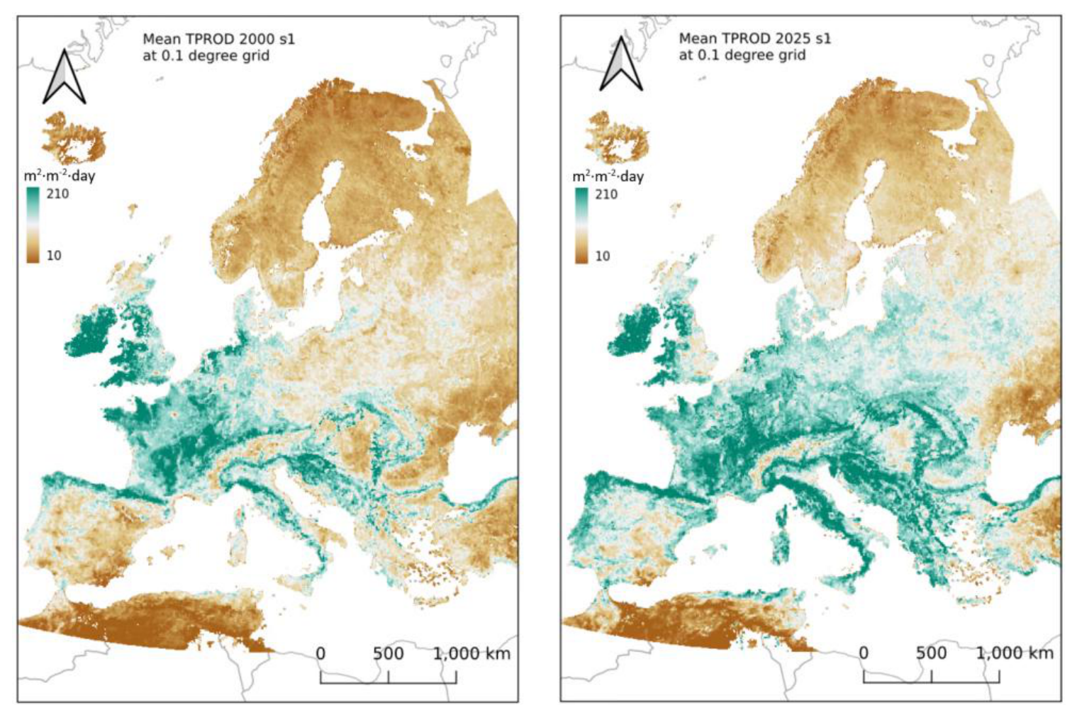 Two choropleth maps display the mean Total Productivity (TPROD) in m²·m⁻²·day across Europe and parts of North Africa, aggregated at a 0.1 degree grid resolution. The map on the left shows 'Mean TPROD 2000 s1' (for the year 2000, season 1), and the map on the right shows 'Mean TPROD 2025 s1' (for the year 2025, season 1). Both maps use an identical colour scale ranging from 10 m²·m⁻²·day (brown) to 210 m²·m⁻²·day (teal), indicating lower to higher productivity respectively. A compass rose indicates North, and a scale bar shows distances of 0, 500, and 1,000 km. In both 2000 and 2025, areas of high TPROD (teal green) are concentrated across Central and Eastern Europe, extending into the British Isles. Lower TPROD (brown) is consistently observed in Scandinavia, the Iberian Peninsula, Mediterranean coastal regions, and North Africa. A comparison between the two maps suggests a general trend of reduced TPROD in 2025 compared to 2000 across several regions. Specifically, parts of Eastern Europe, the Balkan Peninsula, and Southern Europe show a noticeable shift towards lower productivity (more brown hues) in the 2025 projection, indicating potential environmental changes or drought impacts.