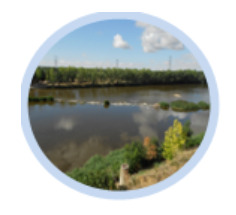 This photograph, enclosed within a light blue circular frame, depicts a blurred view of a water body, likely a river or stream. The water occupies the midground, reflecting parts of the blue sky and white clouds. A distinct line of green trees forms the far bank, extending across the horizon. Scattered patches of lighter green vegetation, possibly reeds or bushes, are visible along the near bank and within the water. In the background, above the treeline, several vertical structures resembling power line towers are indistinctly visible. The foreground shows very blurred green and brown elements.