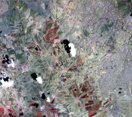 A natural-colour satellite image depicting a diverse rural landscape. The image shows a mosaic of agricultural fields in various shades of green, brown, and reddish-brown, many of which appear to radiate outwards from central points. Scattered dark green patches indicate forested areas. Several clusters of grey and white features, some with radiating patterns, suggest small settlements or villages. Irregularly shaped dark blue or black patches represent water bodies. A few bright white, fluffy areas with dark shadows beneath them indicate cloud cover. The overall impression is a mixed environment of human land use and natural elements.