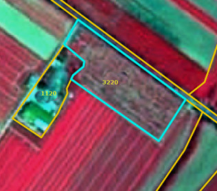 This is a false-colour satellite image, likely using a 4/1/3 Band Combination, displaying land cover in the north-west of Spain, sourced from LUCAS 2012. The image highlights two land parcels with light blue boundaries, labelled with numerical codes. The larger parcel, labelled '3220', shows a dark reddish-brown area representing a 'Highly Artificial Coniferous Plantation' (pine), consistent with monoculture vegetation in this band combination. Adjacent to this, a smaller parcel, labelled '1120', appears as a greenish area containing a structure, indicating an artificial surface or settlement. Yellow lines delineate broader land parcel boundaries.