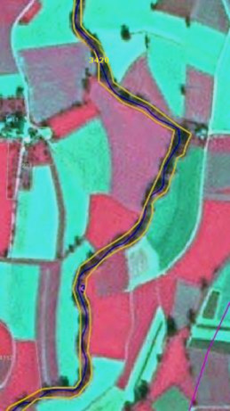 A false-colour SPOT-5 satellite image at 2.5 m resolution, using a 1/2/3 Band Combination, illustrating 'lines of forest along river with Strahler level 4 (or higher)'. The image displays a winding river, traced by a dark blue line, bordered by a strip of vegetation outlined in yellow. This yellow outline delineates the 'lines of forest'. The surrounding landscape is characterised by agricultural fields, appearing as patches of red (indicative of healthy vegetation) and light green/cyan. Overlaid on the yellow-outlined forest area are partially visible numerical labels: '3420' and '3', which likely refer to specific land cover classes within the Copernicus Land Monitoring Service (CLMS) nomenclature guidelines. A segment of an unlabelled purple linear feature is visible in the bottom right of the image.