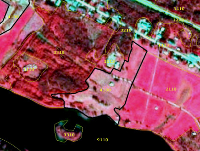 This map displays a land cover classification overlay (yellow and black outlines with numerical labels) on a false-colour infrared satellite image of a heterogeneous landscape. In the false-colour infrared base layer, dense vegetation appears red, agricultural fields appear lighter pink/red, and water bodies appear dark blue/black. The map shows various CORINE Land Cover (CLC) units: * **9110**: A prominent water body in the lower-left and bottom areas. * **4100**: Inland marshes, located adjacent to the water body. * **3310**: Dense wooded or scrubland areas, also bordering the water body and forming large patches elsewhere. The context suggests this could relate to transitional woodland-shrub or sclerophyllous vegetation, consistent with the visual appearance of dense vegetation. * **2110**: Non-irrigated arable land, visible as extensive lighter pink/red fields with linear patterns. * **1113**: Complex cultivation patterns, which often encompass small agricultural plots, scattered dwellings, and semi-natural vegetation. * **3210**: Natural grasslands, appearing as vegetated areas. * **3410**: Sparsely vegetated areas. * **1210**: Industrial or commercial units, visible as small, distinct patches, potentially representing farm buildings as mentioned in the document context. A thick black outline delineates a large, complex area of interest, encompassing multiple CLC classes from the water's edge through wetlands, forests, and agricultural lands. No scale bar, compass orientation, or specific geographic location is provided.