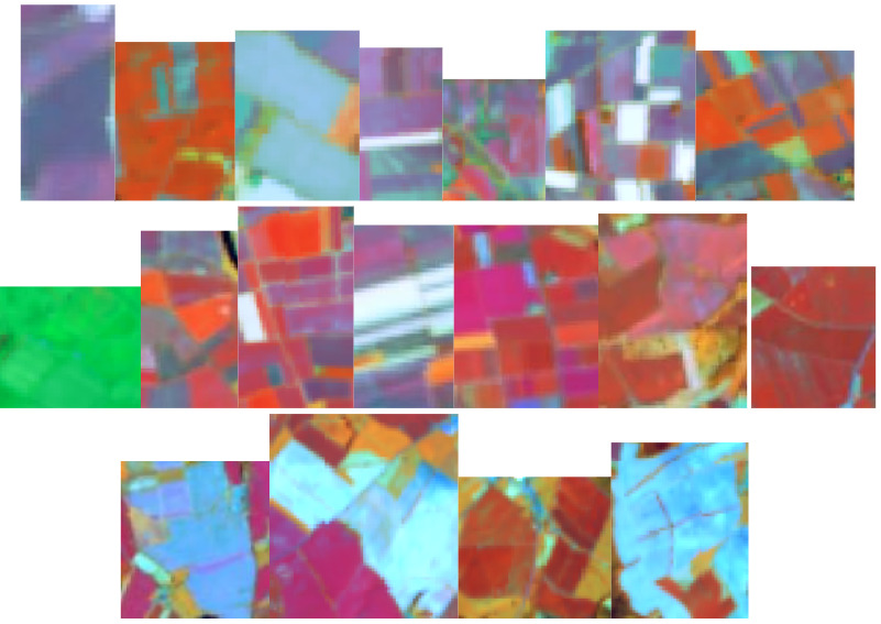 This image displays a grid arrangement of 18 small satellite image patches, showcasing diverse agricultural land cover/land use (LCLU) types. The imagery is a false-colour composite, likely a 1/2/3 Band Combination (red, green, blue channels representing specific spectral bands, with vegetation appearing in various hues). The patches, acquired by Spot 5 at 2.5 m spatial resolution (Source: CNES 2011©, Distribution Airbus DS/Spot Image), depict fields with varying spectral characteristics, indicated by colours such as deep green (likely vigorous vegetation), reddish-brown (potentially bare soil or specific crops/mowing stages), light blue, purple, and white/orange. Some patches exhibit distinct linear features, possibly roads or field boundaries. The varying colours reflect different land cover conditions, such as those used for discriminating managed grassland from arable land. The context notes that such imagery shows a 'mosaic' of colours due to different mowing stages.