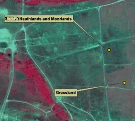 False-colour satellite imagery displaying examples of land cover classification, specifically in an alpine/subalpine area south-east of Kebnekaise, Sweden. The image, acquired by SPOT 6 on 2013-07-24, uses a 1/2/3 Band Combination, likely representing a false-colour infrared composite. The land cover class '5.1.1.0 Heathlands and Moorlands' is identified and depicted in a teal/greenish colour, while 'Grassland' areas are distinctly visible in a reddish hue. Two yellow circular markers indicate specific reference points within these classified areas. The image source is CNES 2013©, with distribution by Airbus DS/Spot Image.
