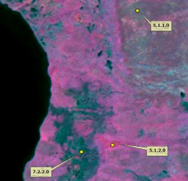 A false-colour SPOT-6 satellite image with 1.5 m resolution, acquired on 2013-07-24, showing land cover classifications in a mountainous area near Kiruna, Sweden. The image uses a Band Combination (3/4/2). Three specific land cover classes are identified by yellow markers and numerical labels: * An intense red/bright pink area in the lower-right is labelled '5.1.2.0', representing 'Other scrub land' (specifically Salix scrub). * A dark purple/magenta area in the upper-right is labelled '5.1.1.0', representing 'Heathland and Moorland' or 'Dwarf scrubs'. * A darker, greenish-black area in the lower-left is labelled '7.2.2.0', representing 'Unexploited peat bog' or 'Peat producing areas'. A large black area on the far left edge of the image appears to be a body of water or a very dark land feature. The source is CNES 2013©, distributed by Airbus DS/Spot Image.