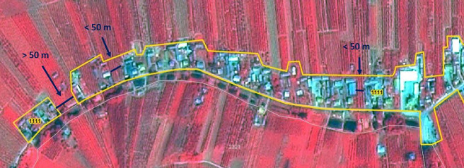 The map illustrates the generalized delineation of a low density urban fabric area in Poland using false-colour SPOT-5 satellite imagery with 2.5 m resolution, captured on 2011-07-23. The imagery uses a 1/2/3 Band Combination. Vegetation appears in shades of red, while urban structures and roads are visible in blue/grey/white tones. A yellow polygon outlines the urban fabric area, corresponding to CORINE Land Cover (CLC) class 1.1.1.3 (labelled as '1111' within the polygon). The map demonstrates generalization rules for land cover mapping: * Gaps larger than 50 m, indicated by an arrow labelled '> 50 m' on the left, separate distinct urban segments that are not merged into a single delineation. * Gaps smaller than 50 m, indicated by arrows labelled '< 50 m' within the polygon, are included in the urban delineation to connect scattered urban blocks, following the rule to close gaps with a maximum width of 50 m. * An area labelled '2321' is visible in the surrounding agricultural landscape, which is explicitly excluded from the urban delineation. The source is CNES 2011©, Distribution Airbus DS/Spot Image.