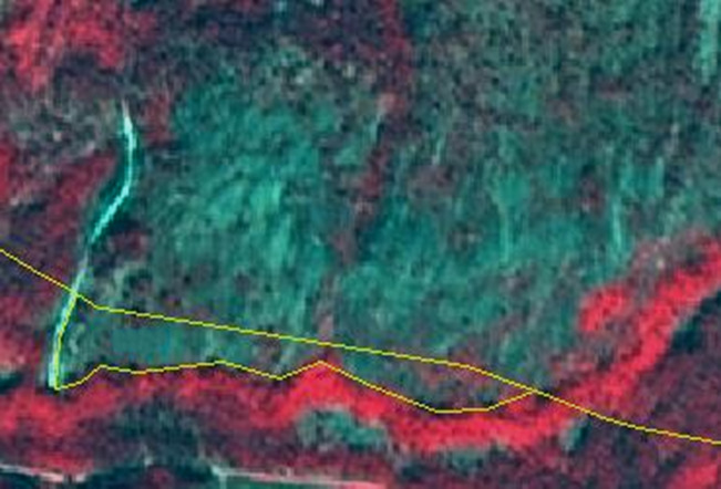This image displays false-colour infrared satellite imagery, likely using a Near-Infrared/Red/Green (NIR/R/G) band combination, showing a landscape with varied vegetation and a linear feature. Densely vegetated areas, possibly broadleaf forest or dense shrubs, appear in bright red. Other vegetated areas, perhaps coniferous forest or less vigorous vegetation, are shown in dark green/teal. A winding, light blue feature, likely a river or stream, traverses the upper-left and central parts of the image. A yellow line is overlaid on the imagery, delineating a specific area that encompasses a segment of the light blue feature and portions of both red and dark green vegetation. The image has a resolution consistent with SPOT-5 (2.5m) satellite data and is illustrative of land cover interpretation.