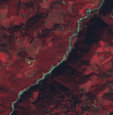 This is a False Colour Infrared (FCI) satellite image displaying a natural landscape. The image uses a colour composite where healthy vegetation appears in shades of reddish-brown and magenta, indicating strong near-infrared reflectance. A prominent, elongated dark blue to black feature, characteristic of a river or a large stream, traverses the image diagonally from the upper right to the lower left. The banks of this water body are bordered by bright, almost white or light blue lines, possibly indicating sun glint or reflective sediment. Extensive areas of deep reddish-brown signify dense vegetation, likely forests or woodlands, covering much of the land. Lighter reddish-pink patches are visible, suggesting areas of less dense vegetation, grasslands, or agricultural fields. Several small, irregular light-coloured specks are scattered within the vegetated areas, but their specific nature (e.g., clearings, bare ground, small structures) cannot be definitively determined. No scale, location, or date information is visible.