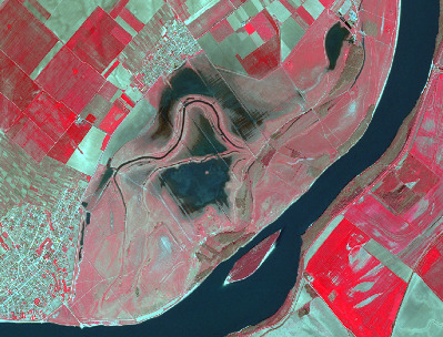 A false-colour infrared satellite image displays a diverse landscape featuring a large river, a floodplain wetland, extensive agricultural fields, and an urban area. A prominent dark blue river flows diagonally from the top-right to the bottom-left, containing a long, narrow island. Adjacent to the river on the left is a complex floodplain or wetland system, characterized by meandering dark blue water channels and multiple irregularly shaped dark blue water bodies. Surrounding these natural features are extensive agricultural fields, rendered in various shades of bright red to dull red, indicating actively growing vegetation. These fields exhibit distinct geometric patterns. On the far left and upper-left, a densely built-up urban area or town is visible in light blue-grey tones, showing a discernible grid-like street pattern. Other visible features include linear elements such as roads or smaller canals traversing the agricultural land. The vibrant red colours of vegetation suggest the image was captured during a period of active growth.