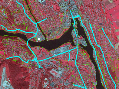 The image displays a false-colour satellite map of an urban and peri-urban area intersected by a prominent dark river. The underlying satellite imagery uses a colour scheme where dense vegetation appears red, water bodies are dark blue/black, and artificial surfaces (buildings, roads) are greyish-white. Overlaid on this imagery are two sets of vector lines: fine green lines delineate numerous polygonal shapes, likely representing land cover or land use parcels, including residential blocks, vegetated areas, and industrial sites. Thicker cyan lines depict a network of linear features, most likely roads or transportation infrastructure, which traverse the urban areas and cross the river at multiple points. No scale bar, compass, legend, data source, or reference year is visible. The map visually represents the distribution of urban development, natural vegetation, and water bodies, highlighting their interconnections via a linear network and detailed land cover segmentation.