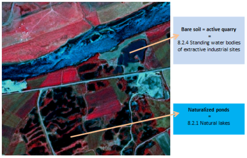False-colour satellite imagery of a landscape in Villedaigne, France, captured on 2011-03-20 by SPOT-5 at 2.5 m resolution, using a 1/2/3 Band Combination. The image illustrates land cover classification distinctions, featuring a large river or canal (dark blue) traversing the upper portion. An orange arrow highlights a dark blue pond surrounded by lighter bluish-green areas, identified as 'Bare soil = active quarry = 8.2.4 Standing water bodies of extractive industrial sites' according to CORINE Land Cover (CLC) nomenclature. A second orange arrow points to a cluster of smaller, darker ponds within vegetated areas (depicted in red and magenta), labelled 'Naturalized ponds = 8.2.1 Natural lakes'. Agricultural fields are shown in various red and magenta tones, and a road-like linear feature crosses the image. The image credit is CNES 2011©, Distribution Airbus DS/Spot Image.
