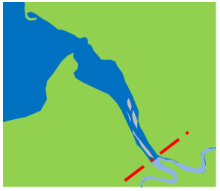 A schematic diagram illustrating typical estuary morphology and its classification boundaries. The diagram features a large body of water (dark blue) connected to a river system (light blue), which is surrounded by land (green). Within the river system, particularly at its mouth where it meets the larger water body, there are smaller, lighter grey areas representing features such as sand or mud flats influenced by tides. Two thick red lines are drawn across the river system, indicating classification boundaries. One red line marks the transition zone where the river significantly widens into the larger water body, and another red line is positioned further upstream within the narrower river channel. A small red dot is located on the land area adjacent to the river mouth. These red lines are indicative of the limits used to classify different hydrographic features, such as distinguishing estuaries (e.g., CORINE Land Cover (CLC+) category 8.3.2.0 Estuaries) from natural water courses or the open sea (e.g., CLC+ category 8.4 Sea and ocean), in accordance with land cover/land use (LULC) mapping guidelines.