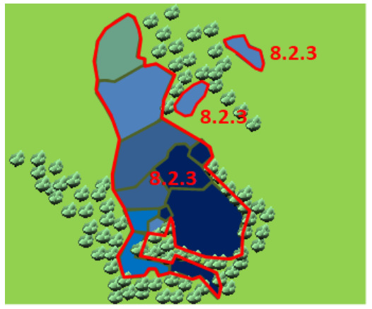 A simplified land cover map illustrating a geographic area featuring water bodies, tree cover, and a designated zone. The background is a light green, representing general land cover. Scattered across this land are numerous green and grey tree icons, indicating areas of tree cover or forest. Within this landscape, a large, irregularly shaped aggregate of polygons, coloured in various shades of blue (light blue, medium blue, and dark blue), represents distinct water bodies. These individual water body polygons are delineated by dark grey/green lines. A prominent red outline encircles the majority of the water bodies and some adjacent land with tree cover, defining a larger area. Two smaller, isolated blue polygons (water bodies) are also present, each individually enclosed by a red outline. The alphanumeric code '8.2.3' is explicitly labelled in red text within the largest red-outlined area and next to the two smaller, isolated red-outlined water bodies. No scale bar, compass, legend, or specific geographic location is indicated.