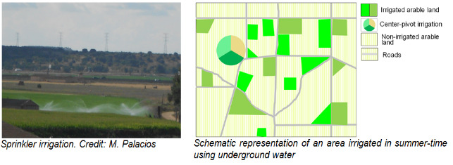 This image comprises two visual elements: a photograph and a schematic map. The left side features a photograph captioned 'Sprinkler irrigation. Credit: M. Palacios.' The photo shows an agricultural field with active sprinkler irrigation, featuring water sprays over cultivated land, and a background with a distant hilly landscape and electricity pylons. The right side presents a schematic map titled 'Schematic representation of an area irrigated in summer-time using underground water.' The map illustrates different land uses with a legend: - **Irrigated arable land:** Depicted in bright green solid fill. - **Center-pivot irrigation:** Represented by a large circular area that includes a pie chart symbol with three coloured sectors (dark green, light green, and light yellow). - **Non-irrigated arable land:** Shown as light yellow areas with a fine vertical line pattern. - **Roads:** Illustrated by light grey lines that delineate parcels and provide access within the schematic area. The map displays a network of roads dividing the area into various rectangular and irregularly shaped land parcels. Several parcels are designated as 'Irrigated arable land,' while the majority of the area is 'Non-irrigated arable land.' A prominent circular zone in the upper-left quadrant represents 'Center-pivot irrigation.'