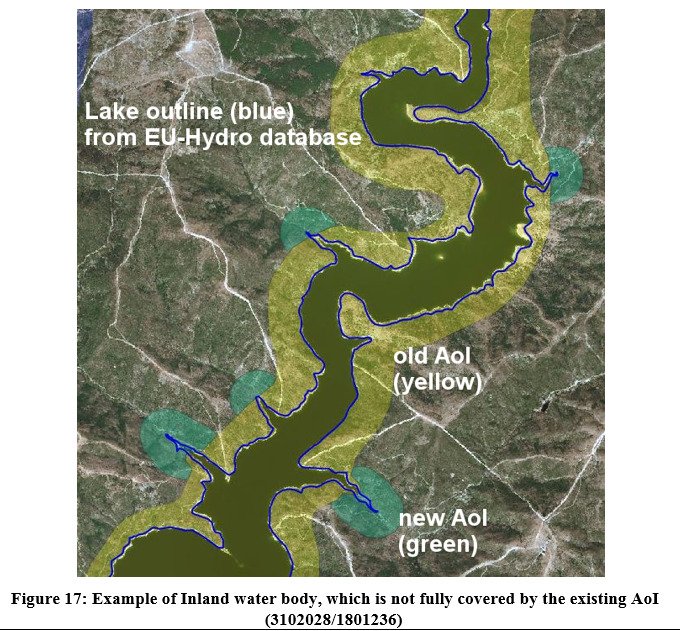 This map displays an inland water body and its surrounding Area of Interest (AoI), illustrating an amendment to ensure full coverage. The main water body is shown in dark green. A blue outline, labelled 'Lake outline (blue) from EU-Hydro database,' traces the precise boundary of the water feature. An 'old AoI (yellow)' is depicted as a wide, translucent yellow buffer zone surrounding the central parts of the water body. Several discrete, translucent green areas, labelled 'new AoI (green),' are positioned at the extremities and narrower branches of the water body, extending coverage beyond the yellow 'old AoI.' The background is a satellite or aerial image showing a landscape of vegetated or agricultural land. The map demonstrates how the 'new AoI' was added to cover sections of the inland water body that were not fully encompassed by the 'old AoI,' thereby increasing the spatial extension of the Area of Interest.