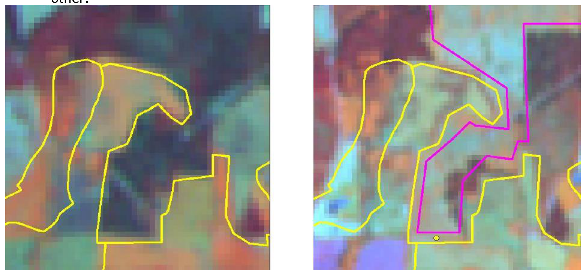 This image displays two side-by-side false-colour satellite imagery snippets, illustrating the process of land cover change detection and mapping updates, likely for the Copernicus Land Monitoring Service (CLMS) CORINE Land Cover (CLC) products. The left panel shows existing land cover polygons delineated by yellow lines on a pixelated satellite image background. The right panel shows the same area, with an additional polygon outlined in magenta, which represents a newly mapped land cover change or a correction. A small black circle with a yellow outline is located within the magenta polygon, indicating a specific point of interest or a potential error identified during revision. The background satellite imagery exhibits variations in shades of red, green, blue, and brown, characteristic of false-colour composites used for vegetation and land feature interpretation. This visual demonstrates the 'CLC2012 revision' process for identifying and correcting 'systematic mistakes' or 'random mistakes' during 'CLC2018 mapping.'