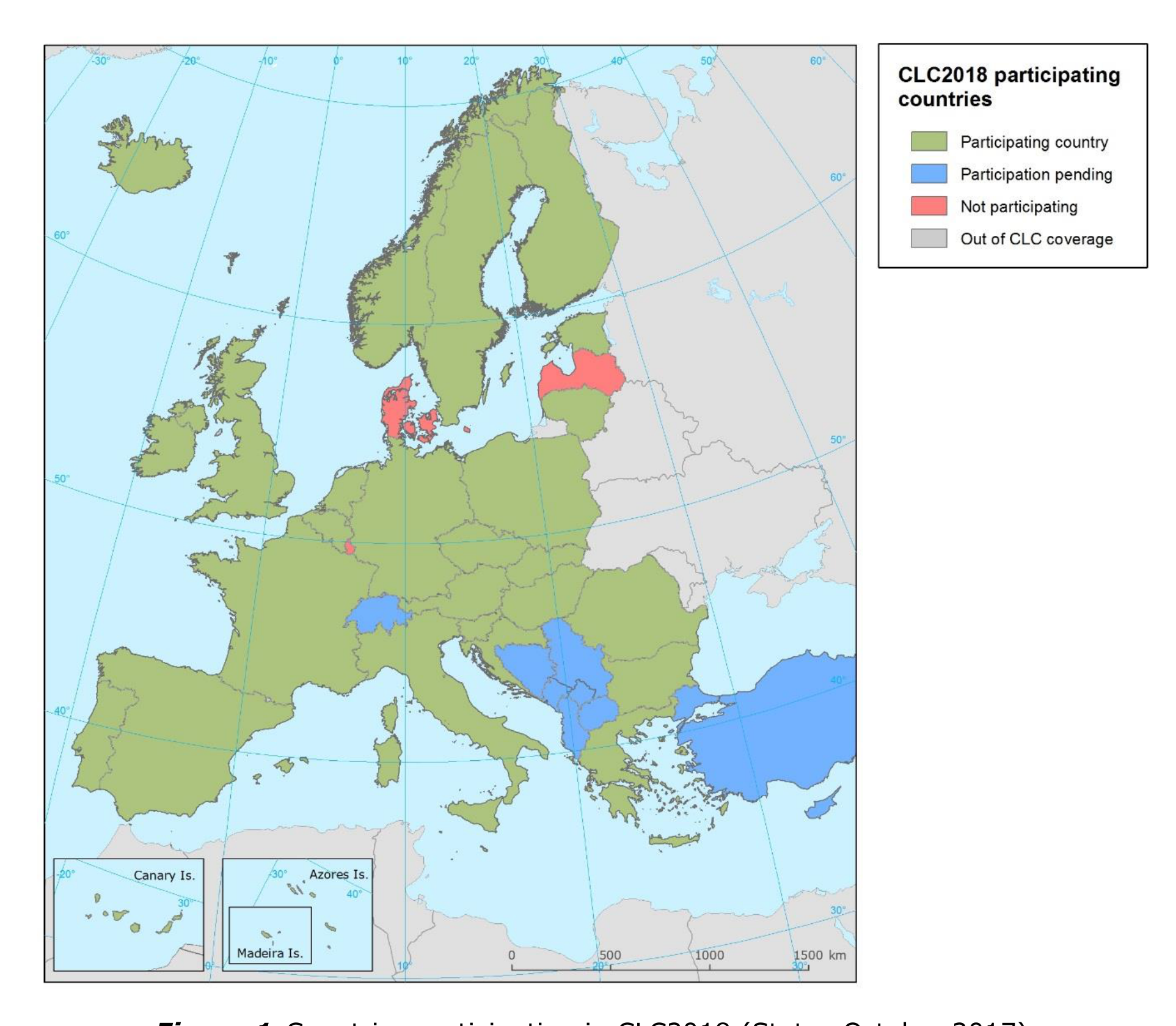 This choropleth map illustrates the participation status of European countries and surrounding regions in the CORINE Land Cover (CLC) 2018 programme, based on data from October 2017. The map covers Europe, including Iceland, the United Kingdom, and parts of North Africa and the Middle East, with insets for the Canary Islands, Azores Islands, and Madeira Islands. A latitude/longitude grid is shown, ranging from 20°W to 60°E longitude and 30°N to 60°N latitude. A scale bar indicates distances up to 1500 km. The legend defines four categories: * **Green**: 'Participating country'. This includes most of Western, Central, and Northern Europe, such as Iceland, Ireland, the United Kingdom, France, Germany, Spain, Portugal, Italy, Austria, Belgium, Netherlands, Luxembourg, Czech Republic, Slovakia, Poland, Hungary, Slovenia, Croatia, Bulgaria, Romania, Greece, Finland, Sweden, Norway, and Estonia. Liechtenstein is covered by Austria. * **Blue**: 'Participation pending'. These are mainly countries in the Balkans (Albania, Bosnia and Herzegovina, Montenegro, Former Yugoslav Republic of Macedonia, Serbia), Switzerland, Cyprus, and Turkey. According to the context, Albania, Bosnia and Herzegovina, Montenegro, Former Yugoslav Republic of Macedonia, and Serbia are 'not eligible for Copernicus funding', while Switzerland and Turkey are 'not eligible for Copernicus funding' but Turkey will 'provide national funding'. Cyprus had 'no reply yet'. * **Red**: 'Not participating'. This includes Denmark, Latvia, and Malta (Luxembourg is not highlighted in red on the map but stated in the context as 'will not submit offer'). Denmark and Latvia are explicitly listed in the context as 'will not submit offer', while Malta is listed as '✓' in the context but red on the map. * **Grey**: 'Out of CLC coverage'. This applies to Russia, Belarus, Ukraine, and countries in North Africa and the Middle East, indicating they are outside the primary geographic scope of the CLC programme. The map shows widespread participation in Western and Central Europe, with areas of pending participation predominantly in Southern and Eastern Europe, and a few instances of non-participation in Northern Europe.