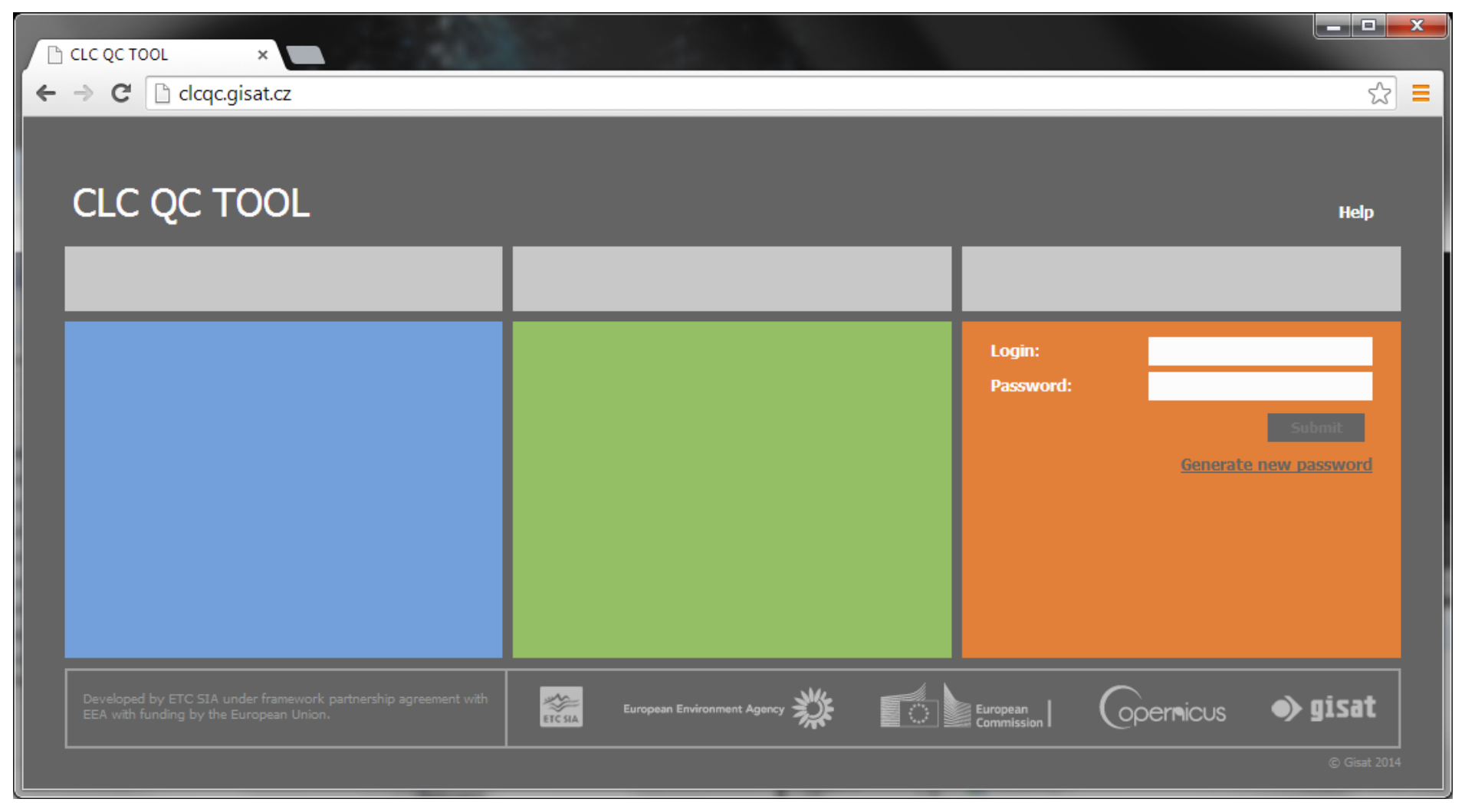 This image is a screenshot of a web browser displaying the login page for the 'CLC QC TOOL' (CORINE Land Cover Quality Control Tool), accessible via the URL 'clcqc.gisat.cz'. The main page title is 'CLC QC TOOL', with a 'Help' link in the top right. The page features a three-column layout, with the rightmost column (orange background) containing a login form. This form includes input fields for 'Login:' and 'Password:', a 'Submit' button, and a 'Generate new password' link. The bottom section of the page provides attribution text: 'Developed by ETC SIA under framework partnership agreement with EEA with funding by the European Union.' Below this are logos for 'ETC SIA', 'European Environment Agency (EEA)', 'European Commission', 'Copernicus Land Monitoring Service (CLMS)', and 'gisat'. A copyright notice reads '© Gisat 2014'.