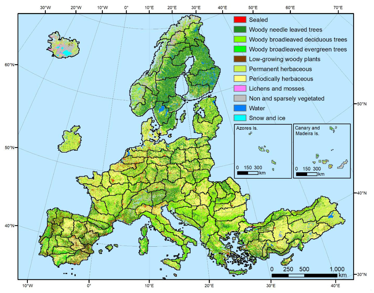 Choropleth map displaying ten land cover types across Europe, including the Azores, Canary, and Madeira Islands, likely representing Copernicus Land Monitoring Service (CLMS) CLC+ Backbone products from the Raster Update 2021. The map uses a geographic coordinate system with longitude lines from 10°W to 70°E and latitude lines from 30°N to 60°N. The legend defines the following land cover classes and their associated colours: * Sealed (red) * Woody needle leaved trees (dark green) * Woody broadleaved deciduous trees (light green) * Woody broadleaved evergreen trees (brighter green) * Low-growing woody plants (brown) * Permanent herbaceous (light yellow) * Periodically herbaceous (yellow) * Lichens and mosses (pink/purple) * Non and sparsely vegetated (grey) * Water (dark blue) * Snow and ice (light blue) A main scale bar indicates 0, 250, 500, and 1,000 km. Two inset maps for the Azores Islands and Canary and Madeira Islands each have a scale bar showing 0, 150, and 300 km. Spatially, Northern Europe (e.g., Scandinavia) is dominated by woody needle leaved trees, water bodies, lichens and mosses, and snow and ice (Iceland). Central and Western Europe show a mix of woody broadleaved deciduous and evergreen trees, permanent herbaceous areas, and small, scattered sealed surfaces. Southern Europe (e.g., Iberian Peninsula, Italy, Greece) exhibits a prevalence of permanent herbaceous and periodically herbaceous vegetation, low-growing woody plants, and woody broadleaved evergreen trees.