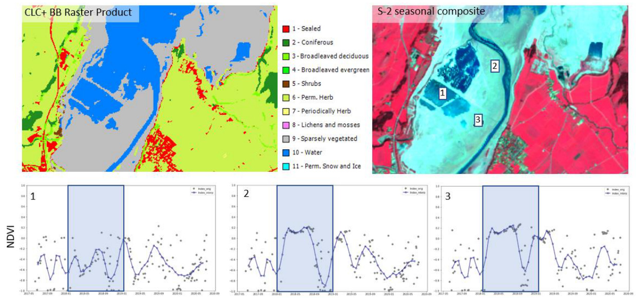 This composite illustration demonstrates the Copernicus Land Monitoring Service (CLMS) CLC+ Backbone (BB) Raster Product decision tree approach for evaluating area thresholds for mixed land cover types, using an example of olive groves in Castile-La Mancha, Spain. The upper-left panel displays a CLC+ Backbone Raster Product map, showing land cover classification with a legend: 1. Sealed (red) 2. Coniferous (dark green) 3. Broadleaved deciduous (light green) 4. Broadleaved evergreen (darker green) 5. Shrubs (brown) 6. Perm. Herb (Permanent Herbaceous, pale yellow) 7. Periodically Herb (Periodically Herbaceous, white) 8. Lichens and mosses (purple) 9. Sparsely vegetated (grey) 10. Water (blue) 11. Perm. Snow and Ice (Permanent Snow and Ice, cyan) The map highlights significant areas of Water (blue), Sealed (red), and Sparsely vegetated (grey) land cover. The upper-right panel shows a Sentinel-2 (S-2) seasonal composite false-colour satellite image of the same area. Three specific locations are marked with white numbered boxes: Area 1 (a lighter blue patch), Area 2 (a lighter blue patch along a darker river), and Area 3 (a large, lighter-toned patch). The lower section presents three Normalised Difference Vegetation Index (NDVI) line charts, labelled 1, 2, and 3, corresponding to the areas identified in the S-2 composite. Each chart plots NDVI values (Y-axis, ranging from approximately -0.8 to 0.4) over time (X-axis, from 2017-05 to 2020-09). Two data series are shown: 'Index_orig' (grey dots representing raw NDVI data) and 'Index_interp' (a blue line representing interpolated NDVI data). A blue shaded vertical rectangle from 2018-01 to 2019-01 highlights a one-year period in each chart. * **Chart 1 (Area 1)**: Shows annual NDVI cycles, generally ranging between -0.4 and 0.2, with clear seasonal peaks in the spring/summer months. * **Chart 2 (Area 2)**: Displays more pronounced annual NDVI cycles, with peaks reaching up to approximately 0.2 and troughs around -0.6, indicating stronger seasonal vegetation changes. * **Chart 3 (Area 3)**: Exhibits generally lower NDVI values, mostly between -0.6 and 0.2, with less pronounced seasonal peaks compared to Chart 2, consistent with sparsely vegetated or bare soil areas, such as olive groves where understory vegetation is suppressed.