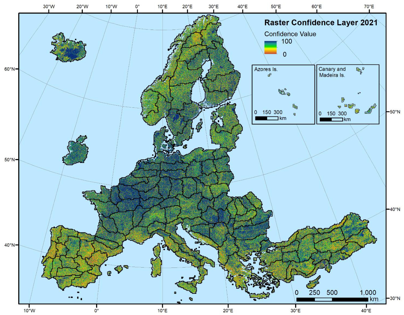 Choropleth map displaying the Raster Confidence Layer for the Copernicus Land Monitoring Service (CLMS) CORINE Land Cover Plus (CLC+) Backbone Raster Product across Europe, including the EEA-38 countries, for the reference year 2021. The map uses a colour gradient to represent 'Confidence Value' from 0 (red) to 100 (blue), indicating the reliability of land cover class assignment per pixel. The main map covers Europe from approximately 10°W to 70°E longitude and 30°N to 70°N latitude. An inset map displays the Azores Is., and another inset map shows the Canary and Madeira Is. Spatially, most of Central and Northern Europe (including Scandinavia, Ireland, UK, Germany, France, Poland, and the Baltic States) shows high confidence values, generally depicted in green and blue. Southern Europe, particularly the Iberian Peninsula (Spain, Portugal), parts of Italy, Greece, Turkey, and Cyprus, shows lower confidence values, represented by yellow, orange, and red colours. Iceland also displays areas of higher confidence in blue. The main map includes a scale bar from 0 to 1,000 km, with intermediate marks at 250 km and 500 km. The inset maps for Azores Is. and Canary and Madeira Is. each have a scale bar from 0 to 300 km, with an intermediate mark at 150 km. The coordinate reference system is ETRS89 LAEA projection.