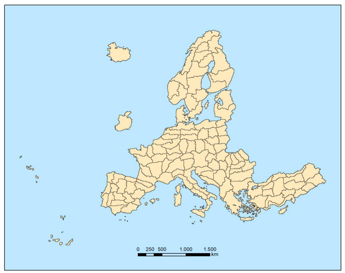 A base map displaying the geographical extent of Europe, including the European Union Member States, the United Kingdom, Iceland, Norway, Switzerland, the Western Balkans, and Turkey. All landmasses are uniformly coloured beige with black outlines, further subdivided by internal black lines into numerous sub-national administrative regions. Water bodies are coloured light blue. A horizontal scale bar is located at the bottom center, indicating distances in kilometres (km) with markings at 0, 250, 500, 1,000, and 1,500 km. There is no thematic data or legend displayed on this map. The map likely provides the geographical context for Copernicus Land Monitoring Service (CLMS) products, such as the CORINE Land Cover (CLC+) BB Raster Product, as referenced in the surrounding document text, which discusses mapping land cover classes like 'Permanent Herbaceous' and 'Periodically Herbaceous' in these regions.