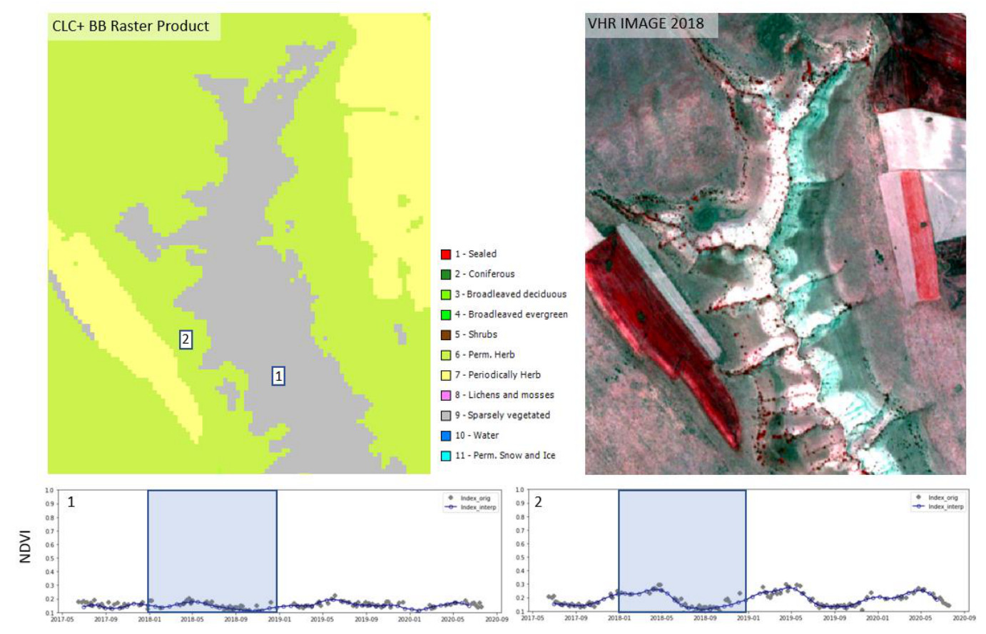 This composite image illustrates the application of the Copernicus Land Monitoring Service (CLMS) CLC+ Backbone Raster Product decision tree approach for evaluating area thresholds for mixed land cover, exemplified by olive groves in Southern Spain, Castile-La Mancha. The image consists of three main parts: a classified land cover map, a Very High Resolution (VHR) aerial image, and two Normalised Difference Vegetation Index (NDVI) time series charts. The top left panel displays a CLC+ Backbone Raster Product map showing different land cover classes. The legend defines 11 classes: 1-Sealed (red), 2-Coniferous (dark green), 3-Broadleaved deciduous (light green), 4-Broadleaved evergreen (mid green), 5-Shrubs (brown), 6-Perm. Herb (yellow-green), 7-Periodically Herb (yellow), 8-Lichens and mosses (purple), 9-Sparsely vegetated (grey), 10-Water (blue), and 11-Perm. Snow and Ice (light blue). The map prominently features a central grey area classified as '9 - Sparsely vegetated', bordered by '6 - Perm. Herb' (yellow-green) and '7 - Periodically Herb' (yellow). Two numbered squares indicate specific locations for NDVI analysis: '1' is within the 'Sparsely vegetated' area, and '2' is within the 'Periodically Herb' area. The top right panel presents a VHR IMAGE 2018, providing an aerial view of the same area. This image shows bare soil, some green vegetation, and tilled or cultivated fields, consistent with olive groves where understory vegetation is often suppressed. The bottom two panels are line charts displaying NDVI values from 2017-05 to 2020-09, with the Y-axis ranging from 0.1 to 1.0. Each chart shows 'Index_orig' (original data points) and 'Index_interp' (interpolated blue line). A blue rectangular box highlights the period from approximately 2018-01 to 2018-09. - Chart 1 (bottom left) corresponds to location '1' (Sparsely vegetated). Its NDVI values are consistently low, generally remaining below 0.2, with minor seasonal fluctuations peaking around 0.2 in late spring/early summer. The highlighted 2018 period shows NDVI between 0.1 and 0.2. This indicates very sparse or absent vegetation. - Chart 2 (bottom right) corresponds to location '2' (Periodically Herb). Its NDVI values exhibit more pronounced seasonal variation, fluctuating between 0.1 and approximately 0.4. Peaks of around 0.3 to 0.4 occur in late spring/early summer, indicating periodic vegetation growth. The highlighted 2018 period shows NDVI increasing from around 0.1 to 0.3 before decreasing, demonstrating a temporary presence of vegetation.