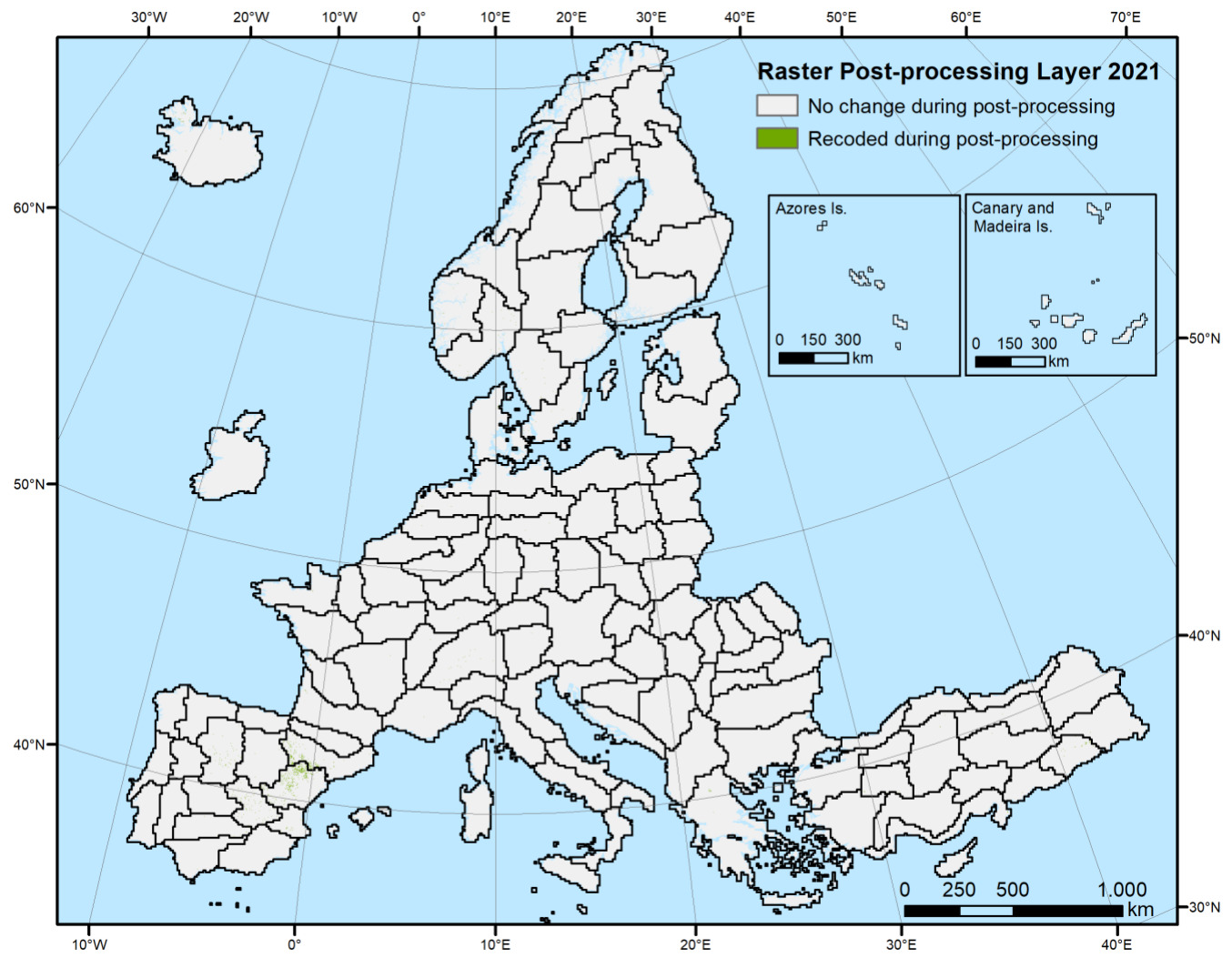 A choropleth map illustrating the Raster Post-processing Layer for the Copernicus Land Monitoring Service (CLMS) CLC+ Backbone Raster Product 2021 across the European Environment Agency (EEA-38) coverage. The map uses a light blue background for water, and land areas are outlined by black borders and internal administrative divisions. Land areas are colour-coded based on post-processing status: light grey (labelled 'No change during post-processing') and green (labelled 'Recoded during post-processing'). The map covers the full EEA-38 area, from approximately 10°W to 70°E longitude and 30°N to 70°N latitude, encompassing continental Europe and surrounding countries including Iceland, Ireland, the United Kingdom, Norway, Sweden, Finland, and Turkey. Two inset maps display the Azores Islands (labelled 'Azores Is.') and the Canary and Madeira Islands (labelled 'Canary and Madeira Is.'), showing the same colour coding. The vast majority of the EEA-38 land area is depicted in light grey, indicating 'No change during post-processing'. A concentrated region in northeastern Spain, specifically around Catalonia (approximately 0° to 3°E longitude and 40° to 42°N latitude), is highlighted in green, indicating that pixels were 'Recoded during post-processing' in this area. The main map includes a scale bar indicating distances of 0, 250, 500, and 1,000 km. The inset maps for the Azores and Canary/Madeira Islands each have a scale bar showing 0, 150, and 300 km. The reference year for the layer is 2021. The Coordinate Reference System for the main continental coverage is European ETRS89 LAEA projection, and for specific island territories such as those shown in the insets, it is WGS84 with the respective UTM zone.