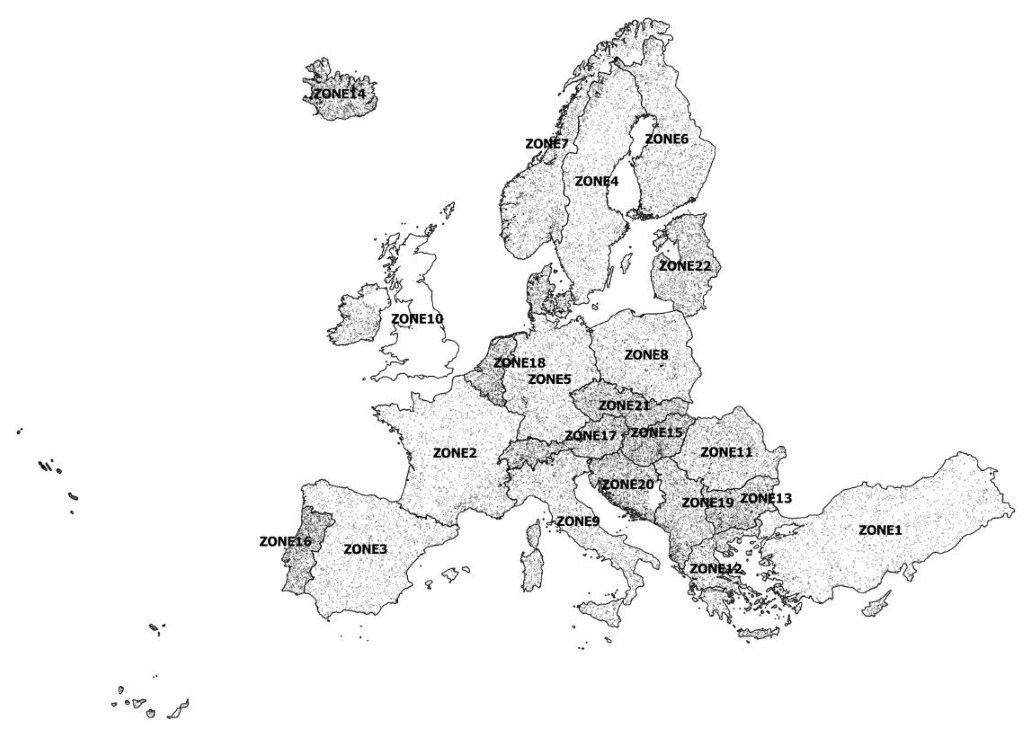 Choropleth map displaying the distribution of sampling units across Europe and surrounding countries, divided into 22 explicitly labelled zones and an additional unlabelled island zone. Each zone is filled with a grey stippled pattern, representing the presence of sampling units, and outlined in black. Some zones are a darker shade of grey than others, potentially for visual distinction of adjacent regions. The map includes the following zones, identified with country or region names where resolved by the surrounding text context: * ZONE1: Turkey and potentially parts of the Caucasus region. * ZONE2: France. * ZONE3: Spain (excluding Portugal). *