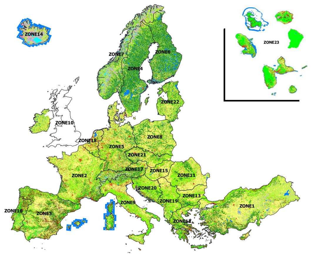Choropleth map displaying the Copernicus Land Monitoring Service (CLMS) CLC+ Backbone Raster Post-processing Layer for 2021 across the European Environment Agency (EEA)-38 extent. The map delineates 23 processing zones (ZONE1 to ZONE23) and uses a colour scheme to represent land cover and areas that underwent automated corrections during post-processing. Predominant colours indicate various land cover types resulting from the CLC+ Backbone Raster Product, with green areas representing improved, recoded areas and yellow indicating other land cover. Small, sparse red pixels are distributed across the map, marking the specific locations (pixels) where automated corrections were applied during the post-processing, representing a very small fraction (0.1%) of total pixels. Blue areas consistently represent water bodies. Iceland is shown in an inset labeled ZONE14, and several French Overseas Departments (DOMs) are shown in an inset labeled ZONE23. No scale bar or compass is explicitly provided.
