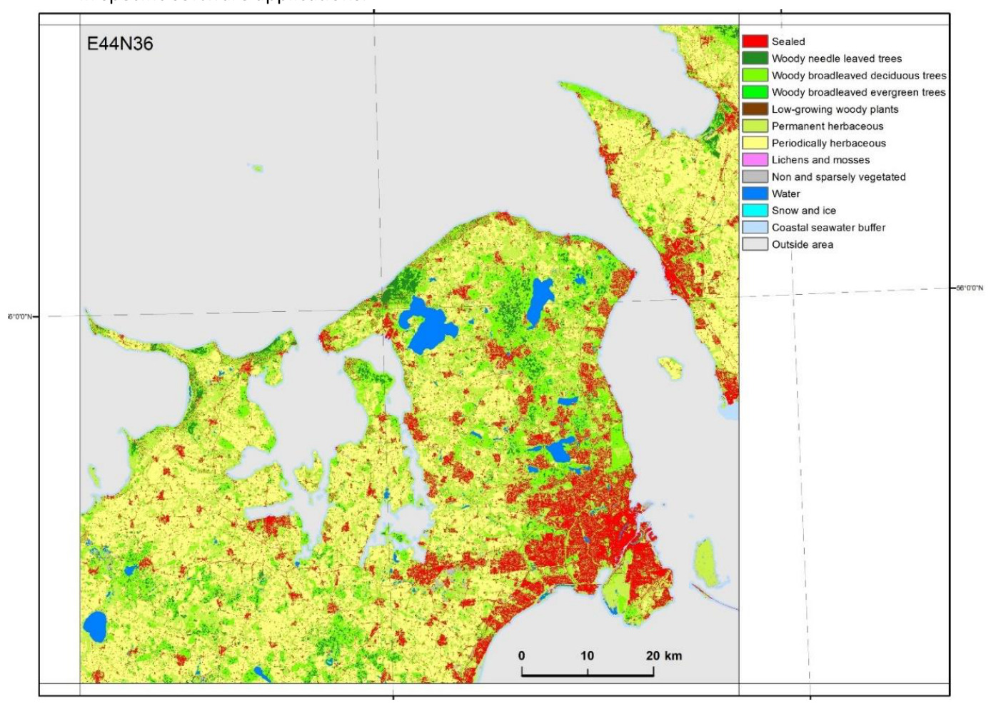 This is a 10-meter pixel-based land cover map, part of the Copernicus Land Monitoring Service (CLMS) CLCplus Backbone 2023 raster layer, showing a coastal region within the E44N36 grid tile. The map displays 12 thematic land cover classes, as well as an 'Outside area' class. The legend, with colour codes and descriptions, is as follows: * Sealed (red) * Woody needle leaved trees (dark green) * Woody broadleaved deciduous trees (medium green) * Woody broadleaved evergreen trees (light green) * Low-growing woody plants (dark olive green) * Permanent herbaceous (light yellow) * Periodically herbaceous (yellow-orange) * Lichens and mosses (pink) * Non and sparsely vegetated (light grey-green) * Water (dark blue) * Snow and ice (light blue) * Coastal seawater buffer (very light blue-grey) * Outside area (light grey) The map depicts a variegated landscape dominated by Permanent herbaceous (light yellow) and Woody broadleaved deciduous trees (medium green). Significant areas of Sealed surfaces (red) are concentrated on the largest landmass in the south-eastern part of the tile. Multiple inland Water bodies (dark blue) are visible. The map includes a scale bar indicating distances of 0, 10, and 20 km. Coordinate grid lines are shown, with a horizontal line labeled '0°0'N' and a vertical line, likely '0°0'E' at the top edge, indicating a local grid origin. The grey areas surrounding the mapped region are designated as 'Outside area.'