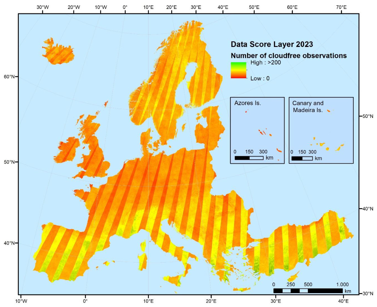Choropleth map displaying the 'Data Score Layer 2023', showing the number of cloudfree observations across Europe. The main map covers longitudes from 10°W to 70°E and latitudes from 40°N to 60°N, encompassing Iceland, the British Isles, Fennoscandia, and continental Europe down to the Mediterranean and parts of Turkey. Two inset maps show the Azores Islands and the Canary and Madeira Islands. The colour scale indicates the number of cloudfree observations: * Red: Low (0 observations) * Green: High (>200 observations) Intermediate values are represented by yellow and orange hues. The main map includes a scale bar from 0 to 1000 km, with increments at 250 km and 500 km. Each inset map includes a scale bar from 0 to 300 km, with an increment at 150 km. The map shows that large parts of Europe, including Iceland, the British Isles, Scandinavia, and central/western Europe, generally have intermediate numbers of cloudfree observations, depicted in orange and yellow colours. Higher numbers of cloudfree observations (green) are visible in scattered regions, notably along parts of the Mediterranean coast, Southern Spain, Italy, Greece, and parts of Turkey. The data is presented in distinct diagonal stripes, reflecting the acquisition paths of the underlying satellite imagery.