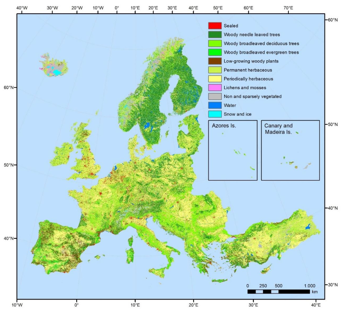 Choropleth map displaying the main land cover raster layer from the Copernicus Land Monitoring Service (CLMS) CLCplus Backbone 2023 product for Europe, with a reference year of 2023. The map covers a geographical area from approximately 10°W to 40°E longitude and 30°N to 60°N latitude, including specific insets for Azores Is. and Canary and Madeira Is. The map uses a colour-coded legend to represent 11 distinct land cover types: * Red: Sealed * Dark Green: Woody needle leaved trees * Light Green: Woody broadleaved deciduous trees * Brown: Woody broadleaved evergreen trees * Light Brown: Low-growing woody plants * Yellow: Permanent herbaceous * Pink: Periodically herbaceous * Light Pink/Purple: Lichens and mosses * Grey: Non and sparsely vegetated * Blue: Water * Light Blue/Cyan: Snow and ice The spatial pattern reveals a predominance of woody needle leaved trees (dark green) in Northern Europe (Scandinavia) and woody broadleaved deciduous trees (light green) across much of Central and Western Europe. Permanent herbaceous land (yellow) is widespread, particularly in agricultural regions and parts of Southern Europe. Sealed surfaces (red) appear as small, concentrated areas indicating urbanisation. Low-growing woody plants (light brown) are more visible in Mediterranean regions. Water bodies (blue) are distributed throughout. Iceland shows significant areas of lichens and mosses and non and sparsely vegetated land. A scale bar indicates distances of 0, 250, 500, and 1,000 km.