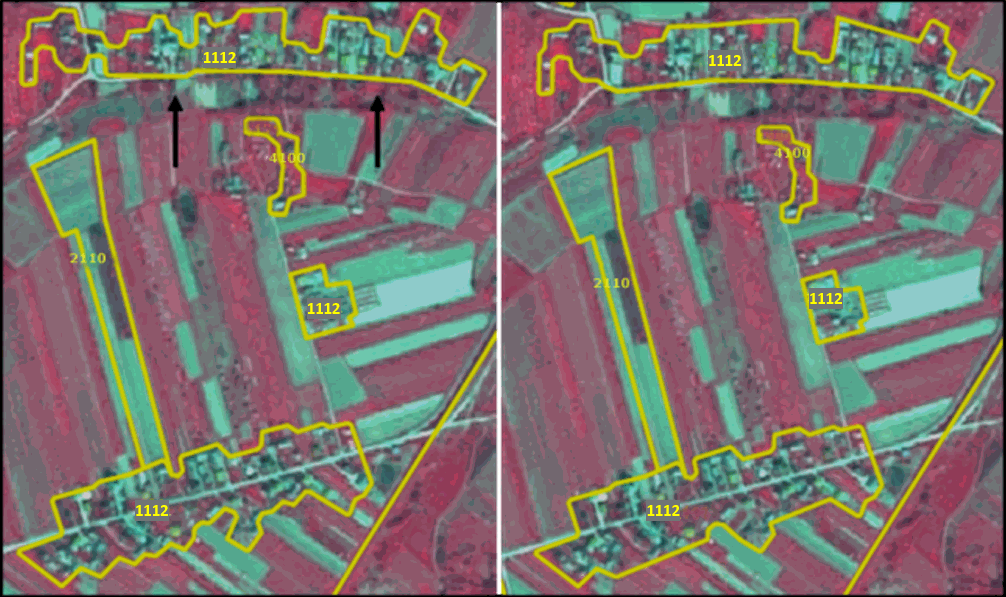 Left side. Very precise OSM delineation Keep OSM, and just correct errors. Right side: manual delineation – map urban outline generalized. Example from Poland. SPOT-5 (2.5m) (1/2/3 Band Combination). Date: 2011-07-23. Source: CNES 2011©, Distribution Airbus DS/Spot Image