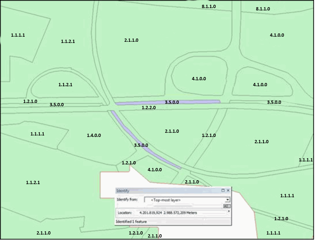 3.5 Lines of trees and scrub surrounded by road network (1.2.1) and area < 0.5 ha: map as associated feature and generalize into road