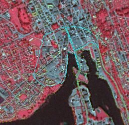 A false-colour infrared aerial or satellite image displaying an urbanized coastal landscape. Vegetation, including trees and grass, appears in bright red, indicating high infrared reflectance. Impervious surfaces such as buildings and roads are rendered in shades of grey. The lower right portion of the image is dominated by a dark blue/black water body, likely a bay or harbour, featuring several piers and visible boats. A distinct light blue line delineates a specific irregularly shaped area within the dense urban fabric, encompassing buildings, roads, and some red-coloured vegetation. A fainter, thin green line also traces the edges of vegetated areas, particularly along the water's edge and the outer perimeter of the urban settlement.